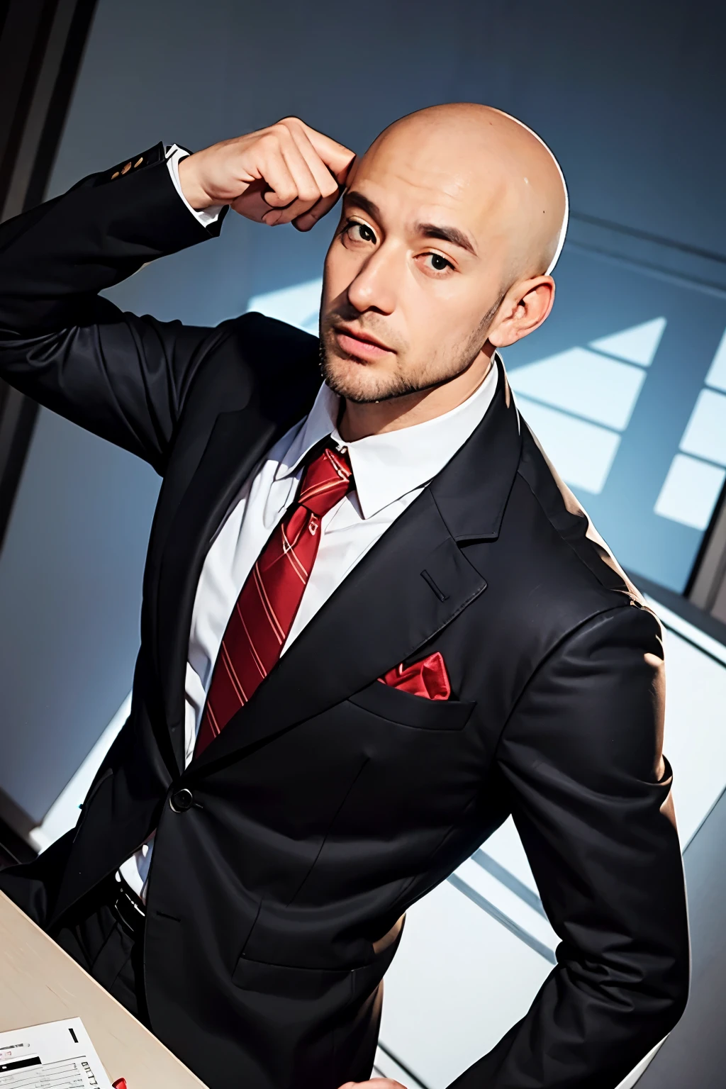Cartoon bald man with thin beard and suit
