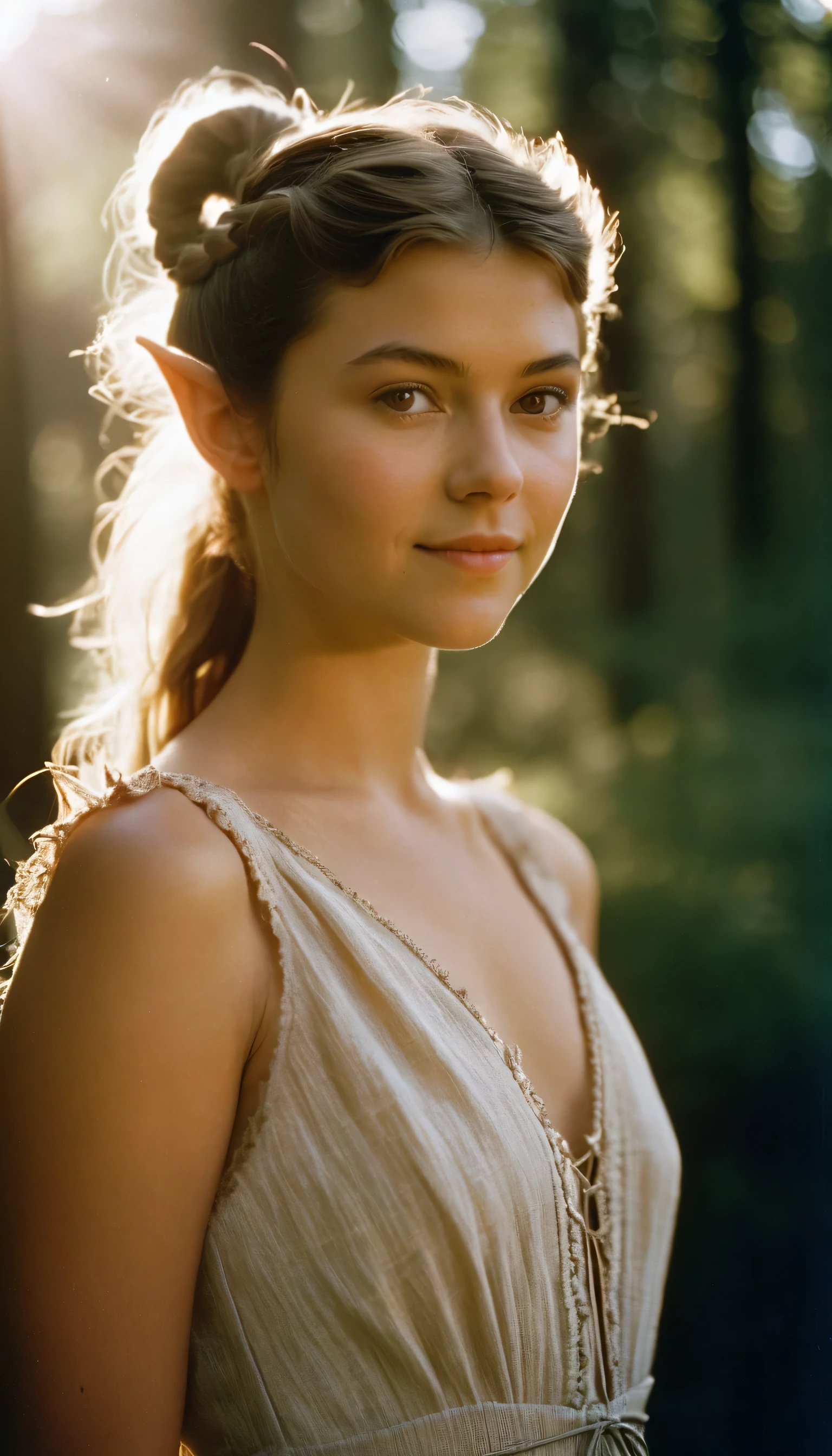 analog film photo, photo of a young girl, 18 years-old, (linen dress:1.1), elf, elf ears, long pointy ear tips, brown eyes, messy ponytail, light-brown sun-tanned skin, pretty, natural beauty, resembles a young Mary Elizabeth Winstead, humid day, elven forest, sweaty glistening off of skin, RAW Photograph, dslr, soft lighting, high quality, film grain, Fujifilm XT3, detailed skin with visible pores, insane details, masterpiece, 8k, 35mm photograph, dslr, kodachrome, faded film, desaturated, 35mm photo, grainy, vintage, Kodachrome, Lomography, stained, highly detailed, found footage, full-body, elven ears