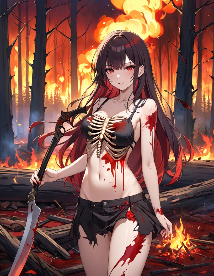 1 GIRL, WHOLE BODY, (BEST QUALITY), ROTTEN BODY, SEXI BODY, RIPPED CLOTHES, SMALL TORN BLOUSE, BELLY SHOWN, RIGHT ARM WITHOUT MEAT ONLY BONE, SMALL SICKLE IN HAND, SICKLE DIRTY WITH BLOOD, PALE SKIN, RED EYES NEON, LOOK OF PLEASURE, JUST KILLED A VICTIM, LONG HAIR, BANGS BETWEEN THE EYES, LOCKS OF HAIR ON FIRE, WOUNDS ON THE BODY, ANIME STYLE, BONES SHOWING, GODDESS OF DEATH, BODIES IN THE BACKGROUND, BODIES BURNING IN THE BACKGROUND , DESTROYED FOREST IN THE BACKGROUND, BLOOD EVERYWHERE, BODIES EVERYWHERE.