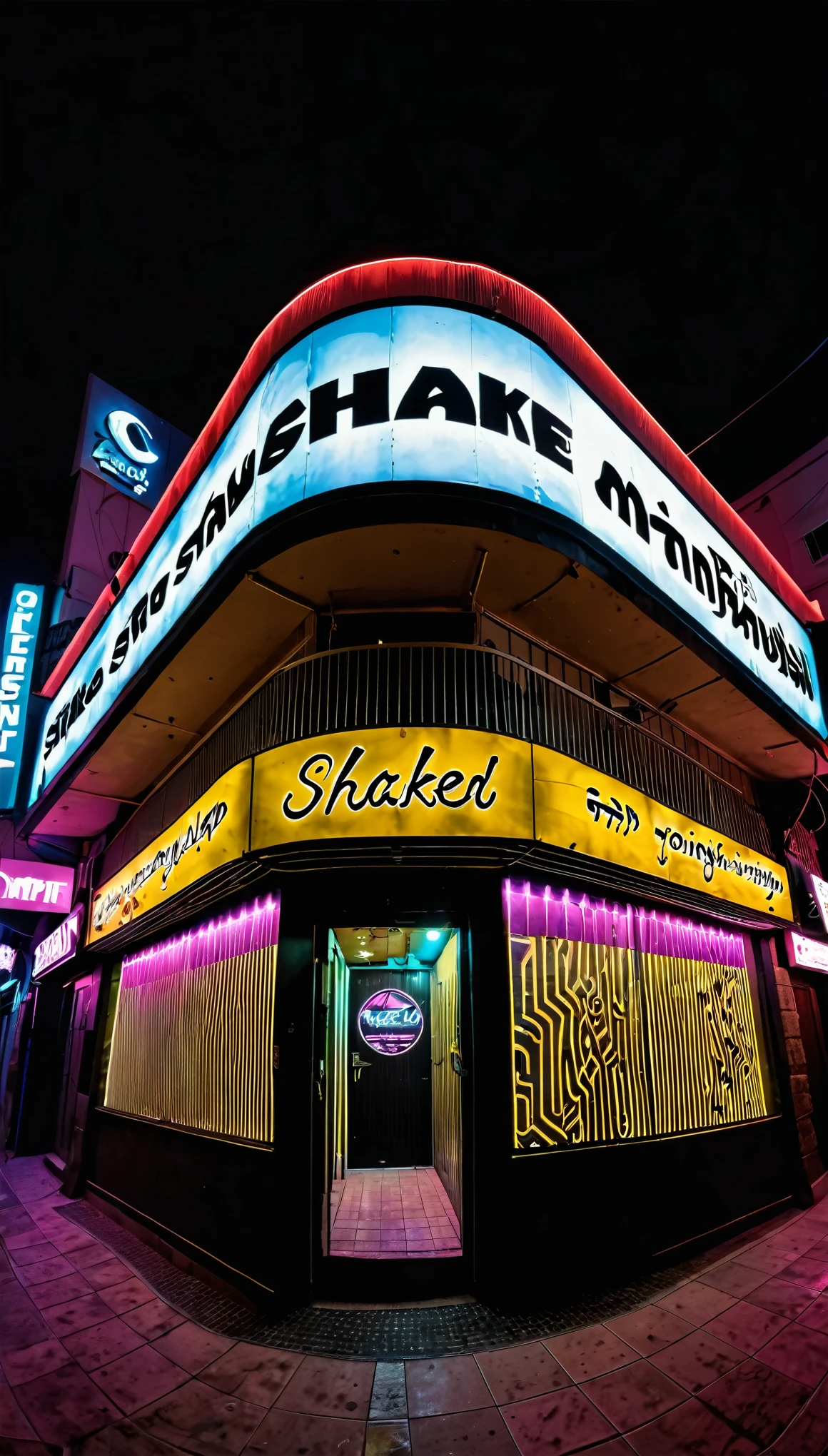 A fisheye night photo of the outside facade of a male strip club in Israel with a digital sign saying "TONIGHT : SHAKED"