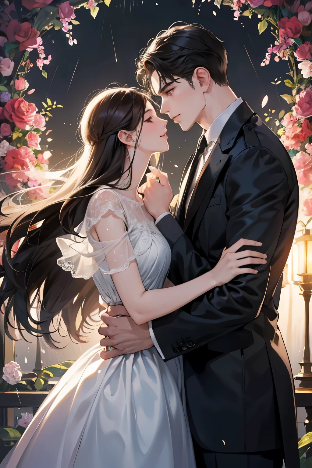 In this heartwarming and enchanting scene, an intimate encounter unfolds between a man and a woman. The setting is an idyllic flower garden, adorned with vibrant blooms, as rain gently drizzles from the sky, creating a romantic ambiance. They stand face to face, their heights distinct from one another, emphasizing their unique physical attributes. The man, with his tall stature, possesses dark hair that frames his striking face, while the woman, shorter in height, showcases her radiant beauty with her flowing light-colored locks. As their lips meet in a passionate kiss, their love is accentuated by the soft caress of raindrops on their skin. This magical moment captures the essence of their affection, evoking a sense of sweetness and tend
