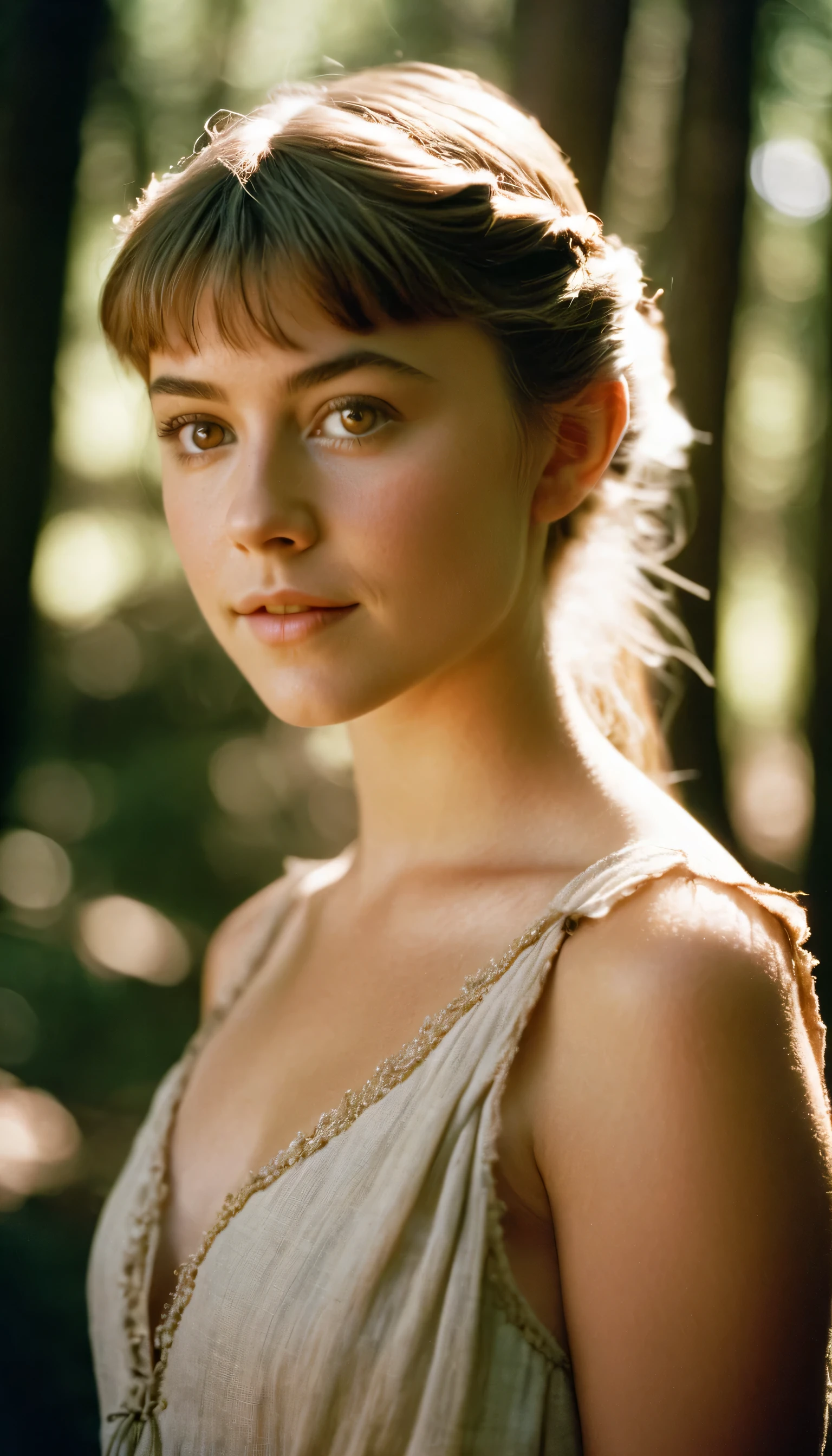 analog film photo, photo of a young girl, 18 years-old, (linen dress:1.1), elf, elf ears, long pointy ear tips, glowing eyes, messy ponytail, light-brown sun-tanned skin, pretty, natural beauty, resembles a young Mary Elizabeth Winstead, humid day, elven forest, sweaty glistening off of skin, RAW Photograph, dslr, soft lighting, high quality, film grain, Fujifilm XT3, detailed skin with visible pores, insane details, masterpiece, 8k, 35mm photograph, dslr, kodachrome, faded film, desaturated, 35mm photo, grainy, vintage, Kodachrome, Lomography, stained, highly detailed, found footage, full-body, elven ears