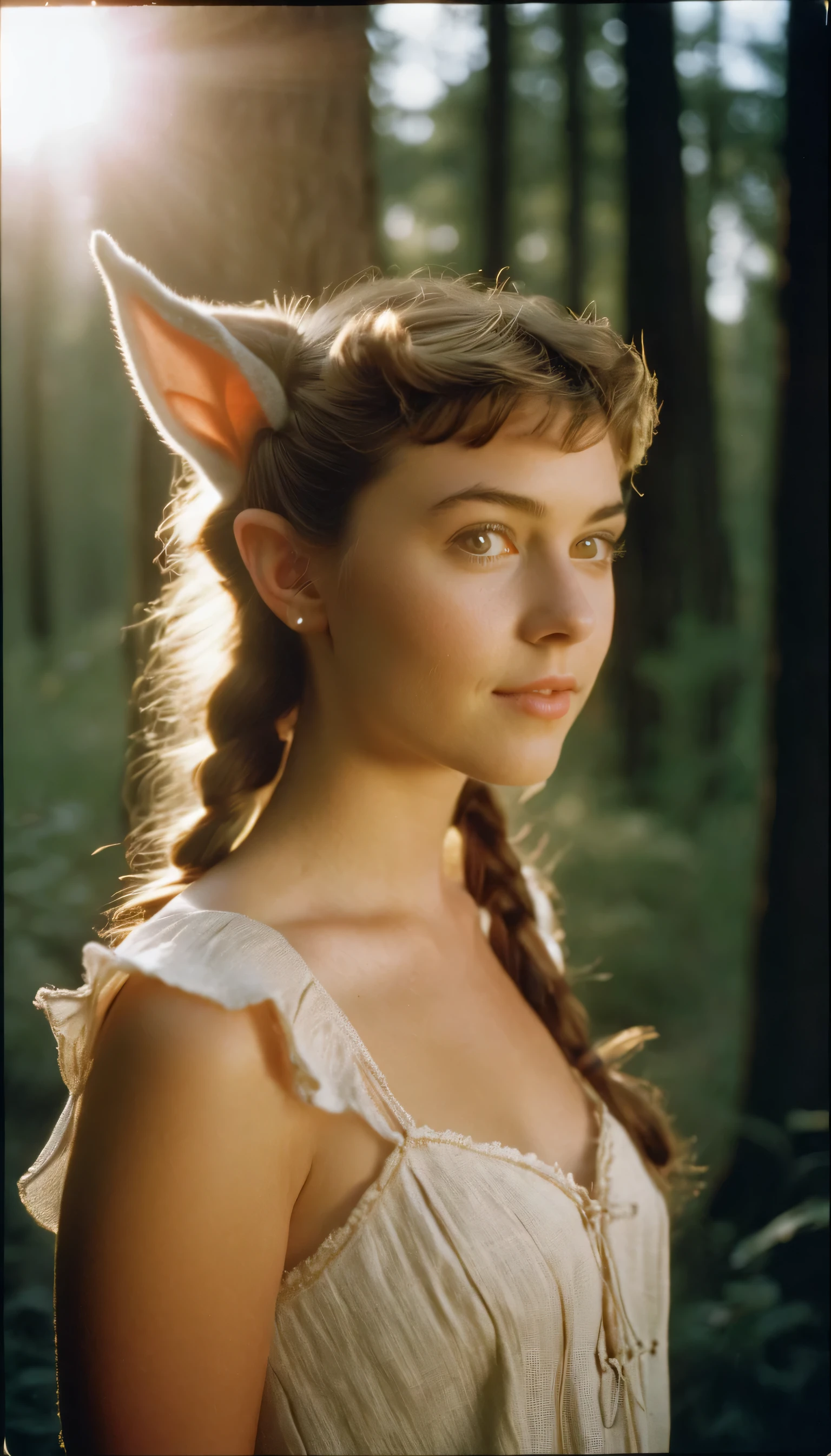 analog film photo, photo of a young girl, 18 years-old, (linen dress:1.1), elf, elf ears, long pointy ear tips, glowing eyes, messy ponytail, light-brown sun-tanned skin, pretty, natural beauty, resembles a young Mary Elizabeth Winstead, humid day, elven forest, sweaty glistening off of skin, RAW Photograph, dslr, soft lighting, high quality, film grain, Fujifilm XT3, detailed skin with visible pores, insane details, masterpiece, 8k, 35mm photograph, dslr, kodachrome, faded film, desaturated, 35mm photo, grainy, vintage, Kodachrome, Lomography, stained, highly detailed, found footage, full-body, elven ears