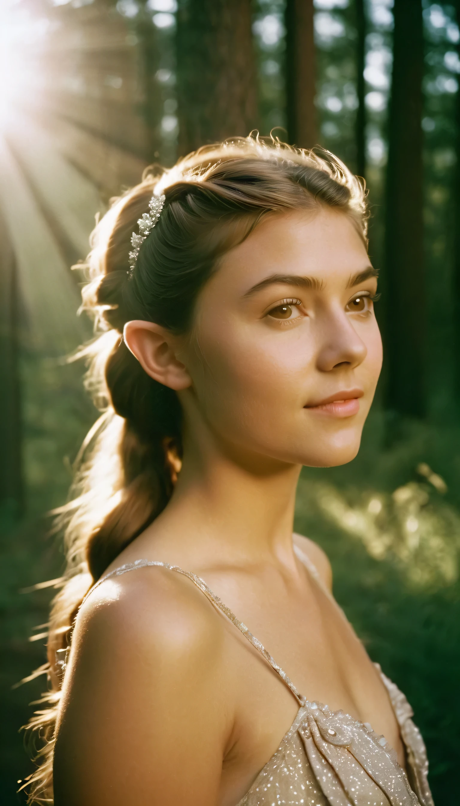 analog film photo, photo of a young girl, 18 years-old, (sun dress:1.1), elf, elf ears, long pointy ear tips, brown eyes, messy ponytail, light-brown sun-tanned skin, pretty, natural beauty, resembles a young Mary Elizabeth Winstead, humid day, elven forest, sweaty glistening off of skin, RAW Photograph, dslr, soft lighting, high quality, film grain, Fujifilm XT3, detailed skin with visible pores, insane details, masterpiece, 8k, 35mm photograph, dslr, kodachrome, faded film, desaturated, 35mm photo, grainy, vintage, Kodachrome, Lomography, stained, highly detailed, found footage, full-body, elven ears