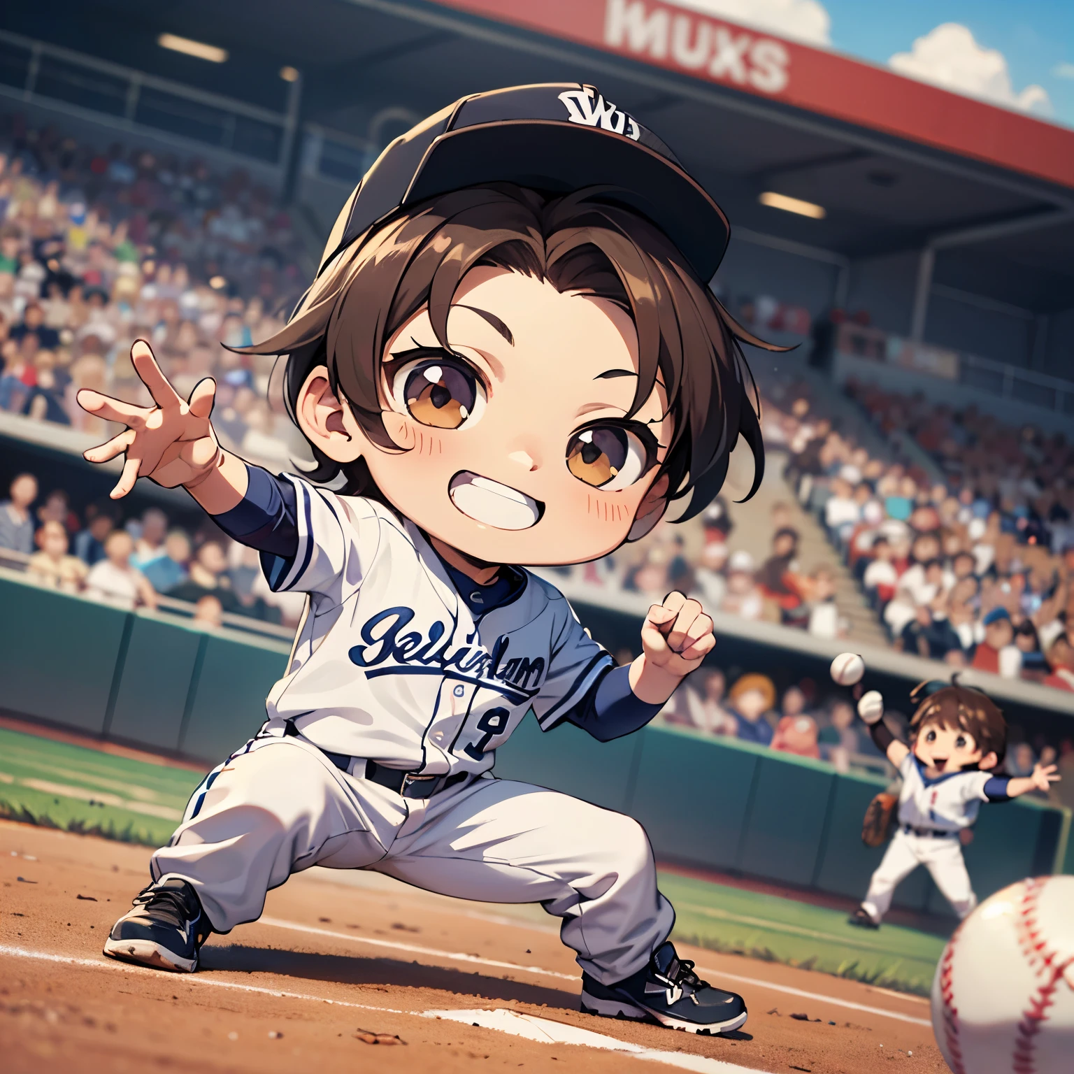 ((chibi:1.4)), (masterpiece), (best quality), high resolution, ultra detail, photorealistic, 8K, intricate face, detailed body, detailed face,
BREAK,
(1man, 25 years old, (adult:1.7), hair slicked side, ((dark brown)) Medium hair, (almond-shaped eyes), smile
BREAK,
male baseball player, white baseball uniform, playing baseball, baseball game, baseball Ground, baseball field, (dynamic pose), (dynamic angle),