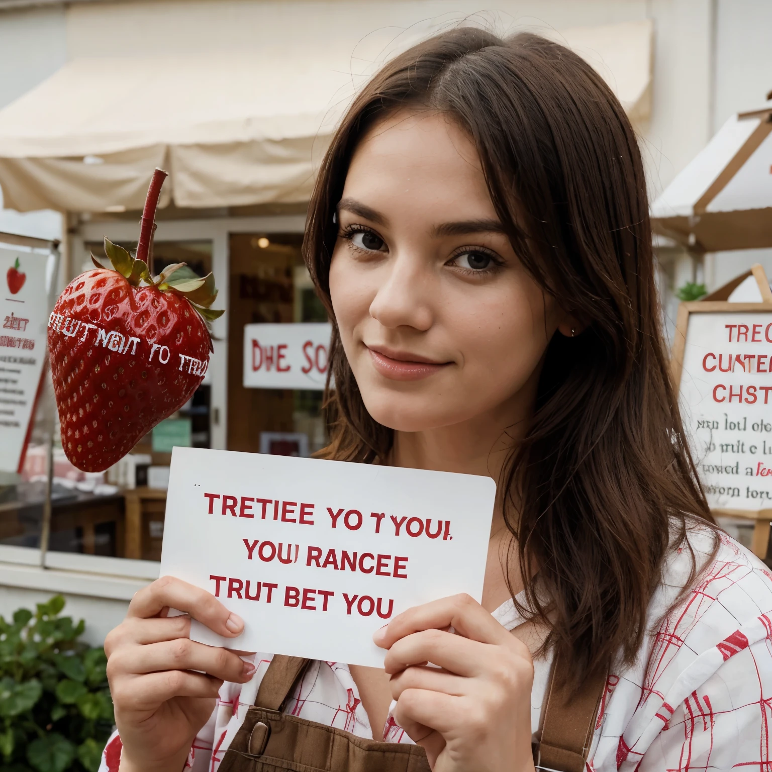 A cute strawberry holding a sign that says dear customer, do not trust, thank you for your understanding 