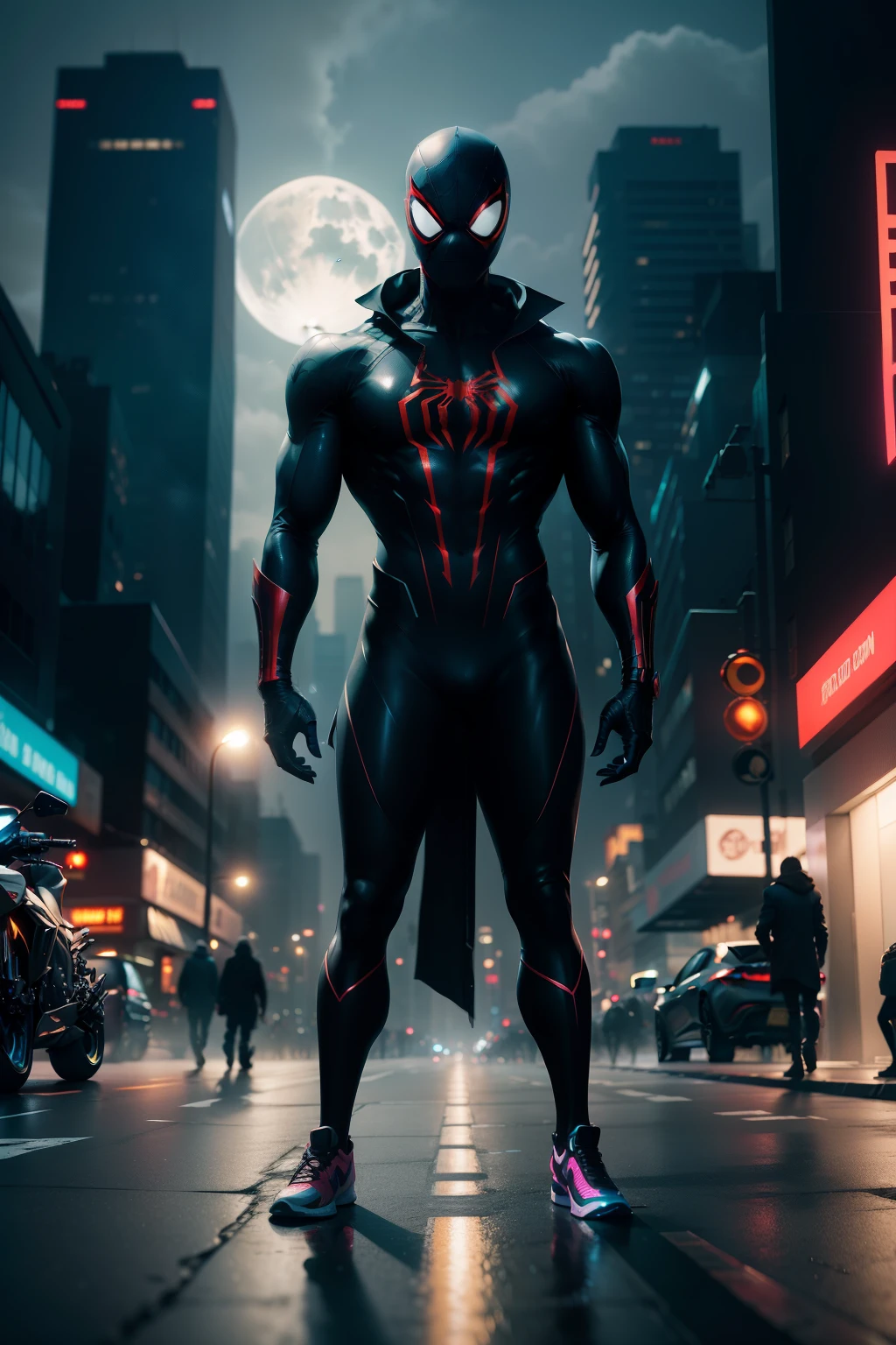 Spiderman, clad in a cyberpunk avatar, confidently stands next to his sleek, high-tech futuristic sports bike. The bike's glowing LED headlights cast an intense light on the darkened street, revealing the reflection of the towering, sleek, futuristic skyscraper buildings on both sides. The night is alive with the vibrant hues of glowing neon lights and the soft, ethereal glow of street lights, creating intricate shadows that dance across the ground. Above, the full moon, its cool white light filtering through the city's haze, casts an enchanting glow upon the scene. The atmosphere is one of tranqu