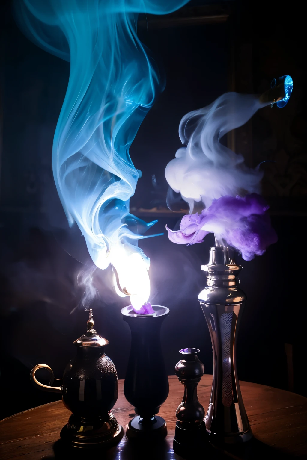 Smoke is coming from the hook on the table, room filled with smoke, smoky room, smoke fills the room, Hookah smoking caterpillar, smoke machine, Smoke is flowing, smoke a magic bong, Blue and purple steam, Very smoky Parisian bar, Mist steam, complex smoke magic, violet spike smoke, fog machine, dry ice, Smoke billows