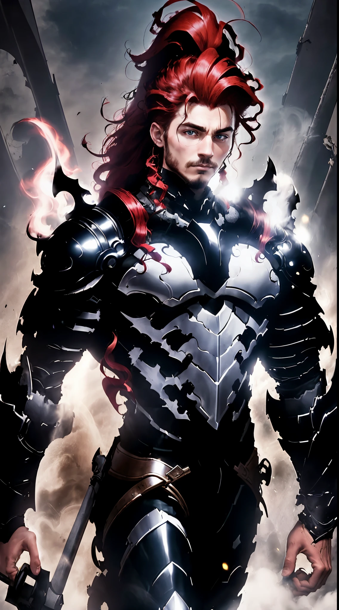 obra maestra, Mejor calidad, 8K, Igris ( Solo leveling ), hombre alto esbelto escultural caballero, en armadura oscura, EN CASCO, Behind the helmet a high ponytail of red hair develops., los ojos arden, va al espectador, en pleno crecimiento, dark throne room background