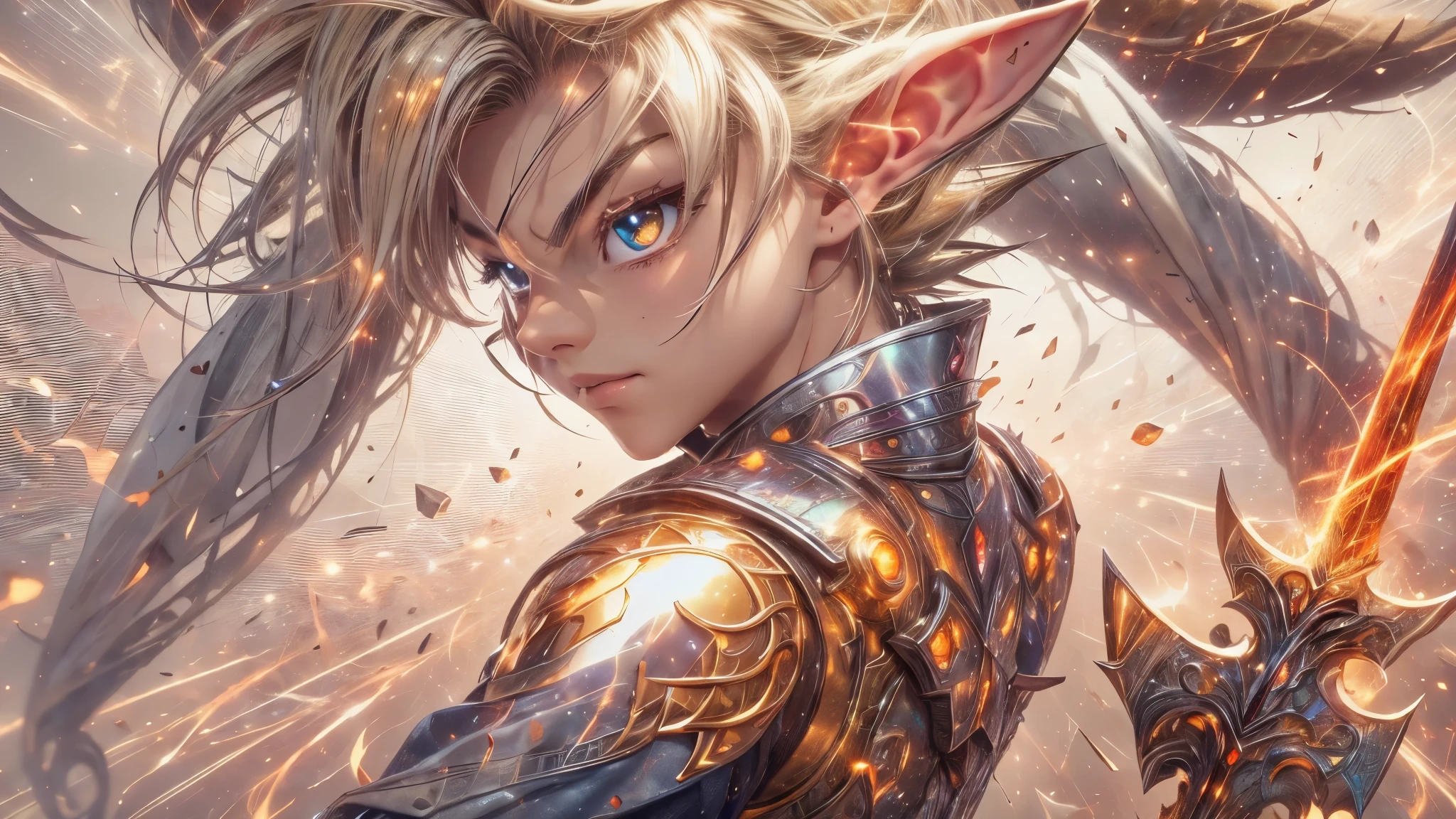 (masterpiece), 8k, best quality, full body, elf boy, naive, male, teenager, ************, white skin, slim body, pointed elf ears, beautiful finely detailed silver eyes, high forehead, hair yellow blonde spiky like Gohan from the anime dragon ball (super sayajin), Incredibly handsome, calm appearance, conservative elven outfit, holding golden pickaxe, opening the way to the surface, golden pickaxe fight (short), warrior, brave, strong, hero, valor, fearless, action-packed, adventure, heroic pose, serious expression