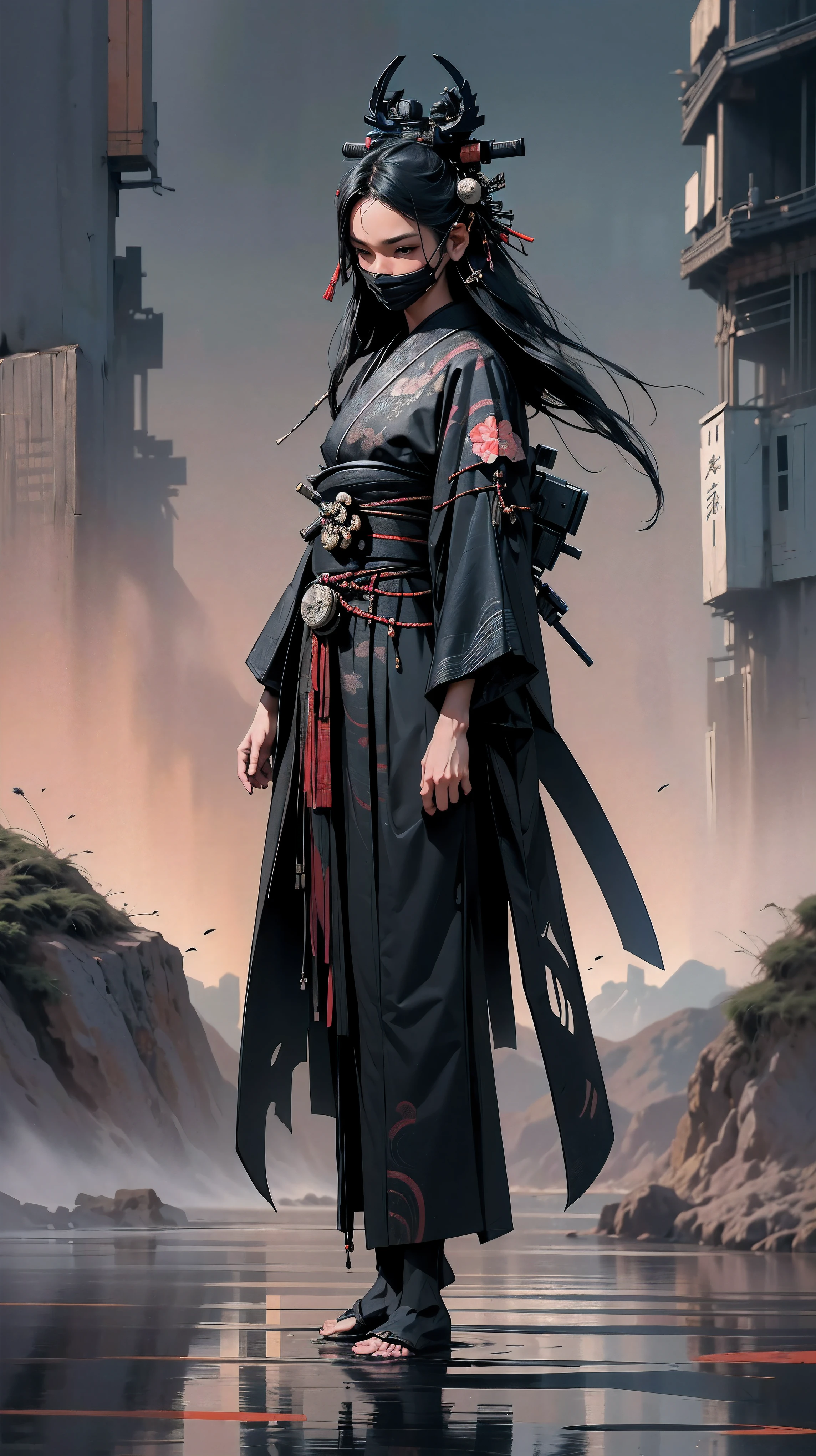 (highres,photorealistic) samurai girl, white skin, face mask, absolutely black kimono, black katana, intricate pattern on black kimono, detailed armor, elegant posture, fierce expression, dark night background, intense atmosphere, samurai code of honor, powerful warrior, stoic and disciplined demeanor, gracefully flowing hair, piercing eyes, determined and focused gaze, subtle shadows and highlights, dynamic katana movement, striking and precise strikes, intense battle scenes, traditional Japanese calligraphy, ornate and intricate details on the katana