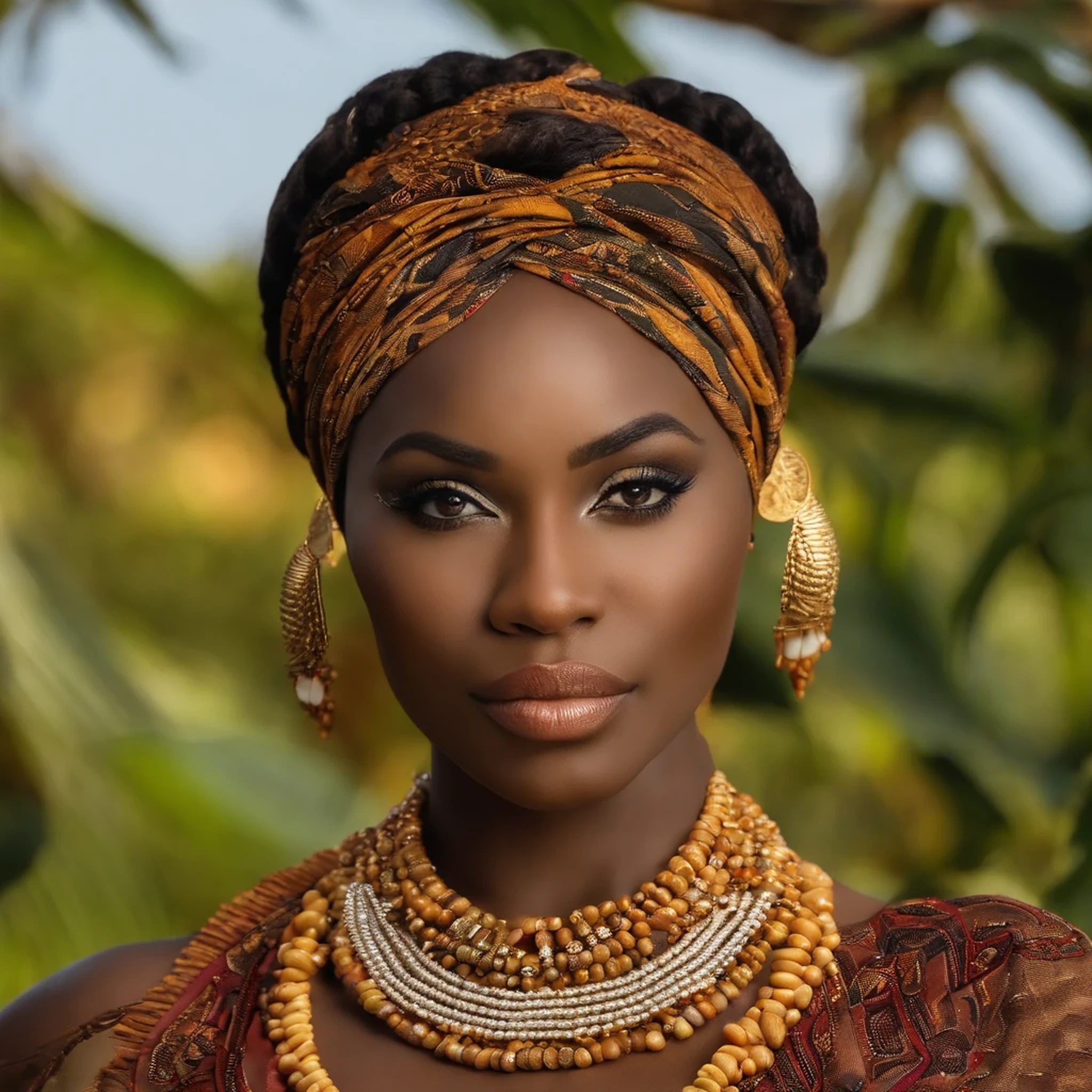 Mulher africana senda numa pedra de frente pra foto, qualidade extrema, rosto bonito, olhando pra frente, olhar sensual, mulher elegante, sensual lips, concentrada, nariz afiado, brincos de ouro, pulseiras de conchas, colar de conchas pequenas, cabelo bonito e detalhado. Scenario, small stones on the ground, vento soprando no rosto, Contraste, rio passando ao fundo, rio bonito