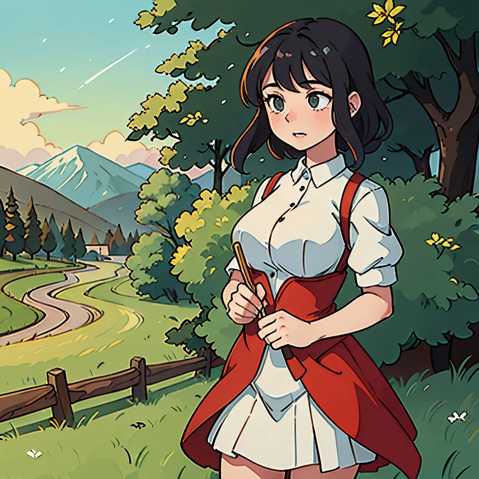 In a green meadow stands a girl posing with a red dress leading a group of knights.
BREAK
With a brave expression, she guides them towards their destination.
BREAK
Behind her, a green forest stretches out and beyond that, mountains rise in the distance.
BREAK
The most suitable effect for this scene would be a watercolor painting technique to capture the softness of the meadow and the fluidity of the movement.