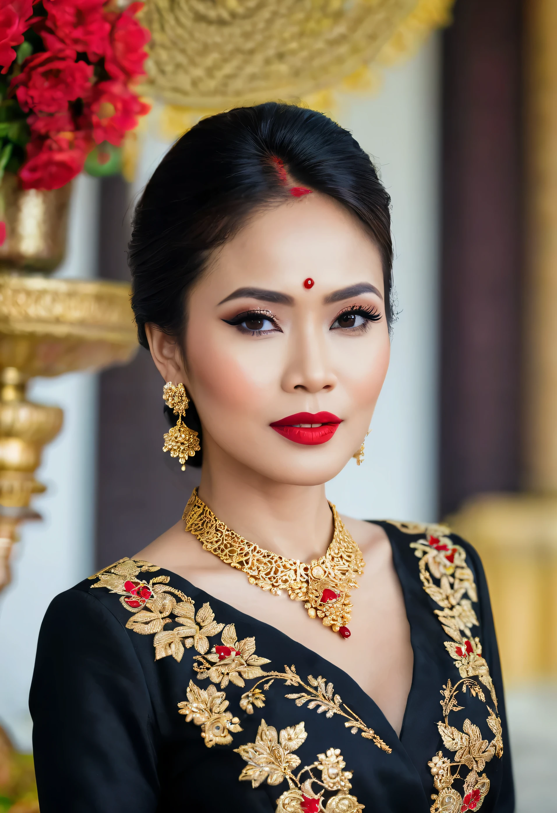 Photography , woman, potrait of java wedding woman in black long kebaya dress traditional, red lipstick , golden necklace , earrings, ornate, detail, flowers, blurry background, soft focus