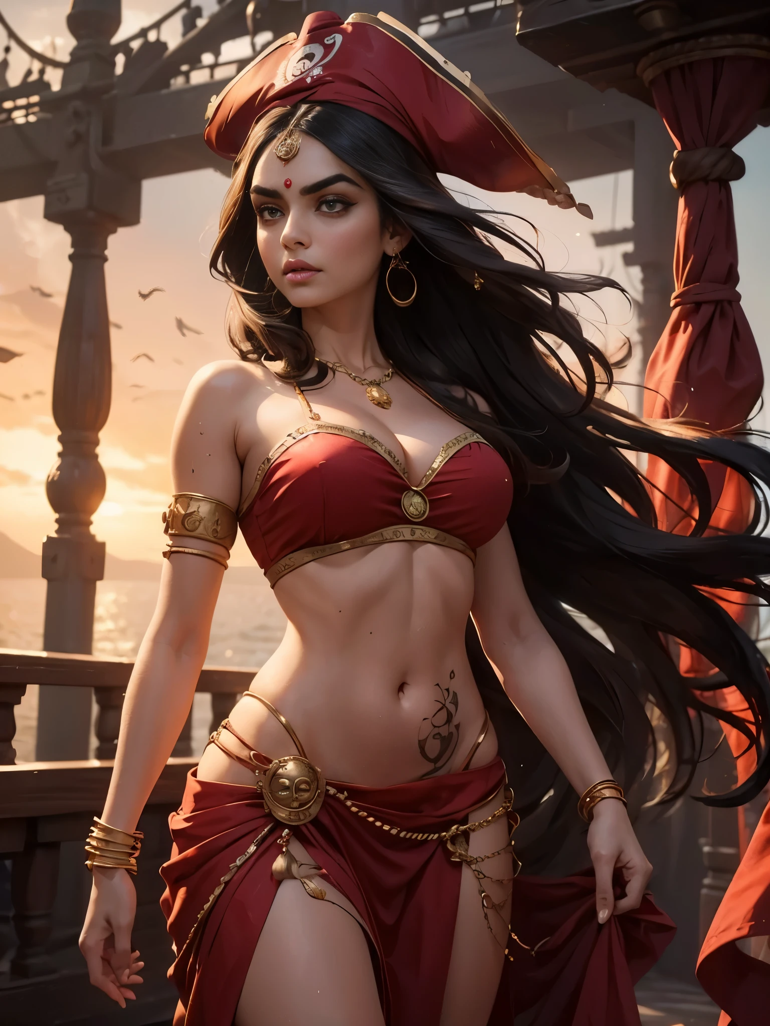 Best quality, portrait, masterpiece, 1 indian queen, pirate queen, beautiful woman, sexy, hot, beautiful face, ((perfect figure)), perfect face, walking on pirate ship, wet hair, soft body, looking straight at the viewer, big eyes, dark red wet saree, ((red bindi between the eyebrows)), ((one bindi)), headwear, (pirate captain hat), petticoat, tattooed hands, 8k resolution, deep cleavage, big breasts, insanely detailed, parted lips, perfect anatomy, perfect fingers, ambient lighting, forest, dawn