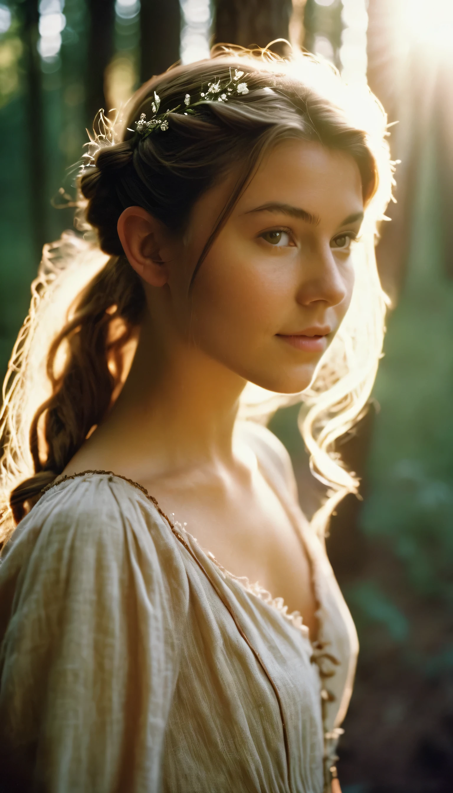 analog film photo, photo of a young girl, 18 years-old, (linen dress:1.1), elf, elf ears, long pointy ear tips, brown eyes, messy ponytail, light-brown sun-tanned skin, pretty, natural beauty, resembles a young Mary Elizabeth Winstead, humid day, elven forest, sweaty glistening off of skin, RAW Photograph, dslr, soft lighting, high quality, film grain, Fujifilm XT3, detailed skin with visible pores, insane details, masterpiece, 8k, 35mm photograph, dslr, kodachrome, faded film, desaturated, 35mm photo, grainy, vintage, Kodachrome, Lomography, stained, highly detailed, found footage, full-body, elven ears