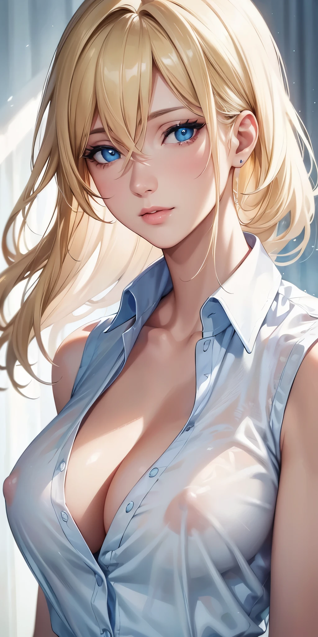 (best quality, highres, realistic), portrait, elegant mature woman, blue eyes,blonde hair, big breast, transparent shirt, see through nipple, ultra detailed cg 8k, beautiful cg, soft light