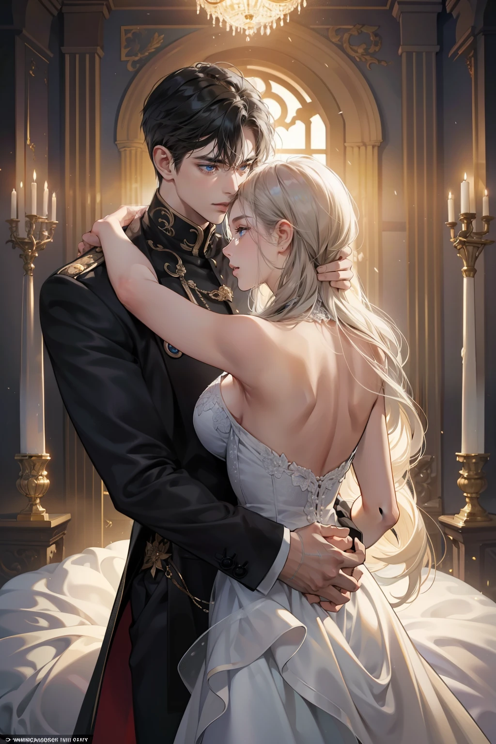 Male and Female: Two individuals, each distinctive and captivating, engaged in an intimate dance within the grandeur of a castle. The female, with wavy light hair cascading down her back, contrasts elegantly against the dark, sleek tresses of her partner. Their gray eyes lock in a profound connection, long eyelashes fluttering gently as they dance, creating a mesmerizing scene. The high-profile androgynous male, boasting broad shoulders and short hair, holds the female close, their bodies moving in perfect harmony. A warm, inviting atmosphere envelopes the room, the clear 4k image revealing every intricate detail, from the folds in their clothing to