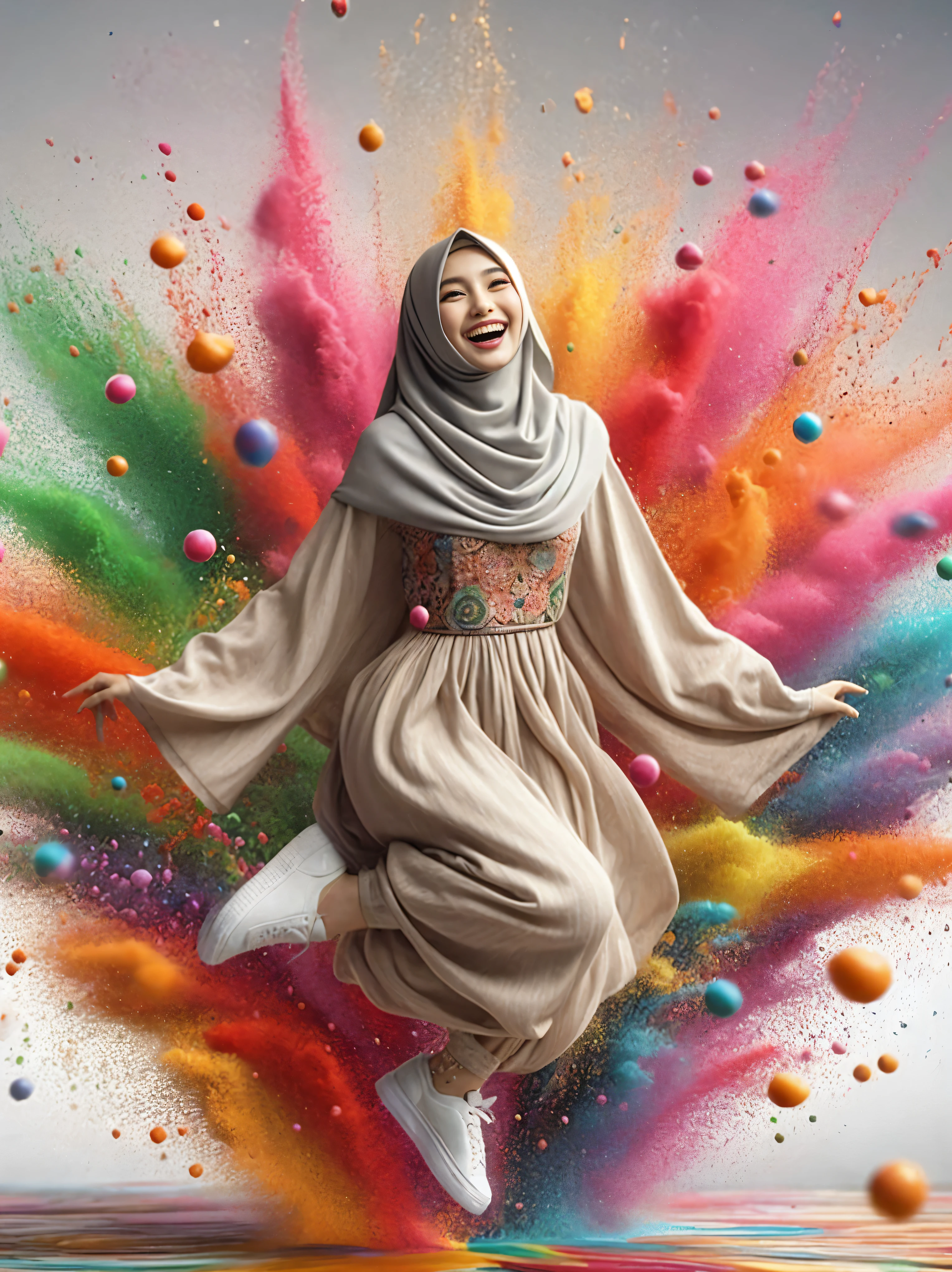 a woman in a hijab jumps in the air with colored powder, she expressing joy, inspired by Fathi Hassan, portrait happy colors, colourfull, with beautiful colors, smiles and colors, psychedelic colorization, inspired by JoWOnder, realism art, vibrant colors hyper realism, photoshop art, inspired by Shaddy Safadi, dramatic smile pose intricate, colorful mood, in colors