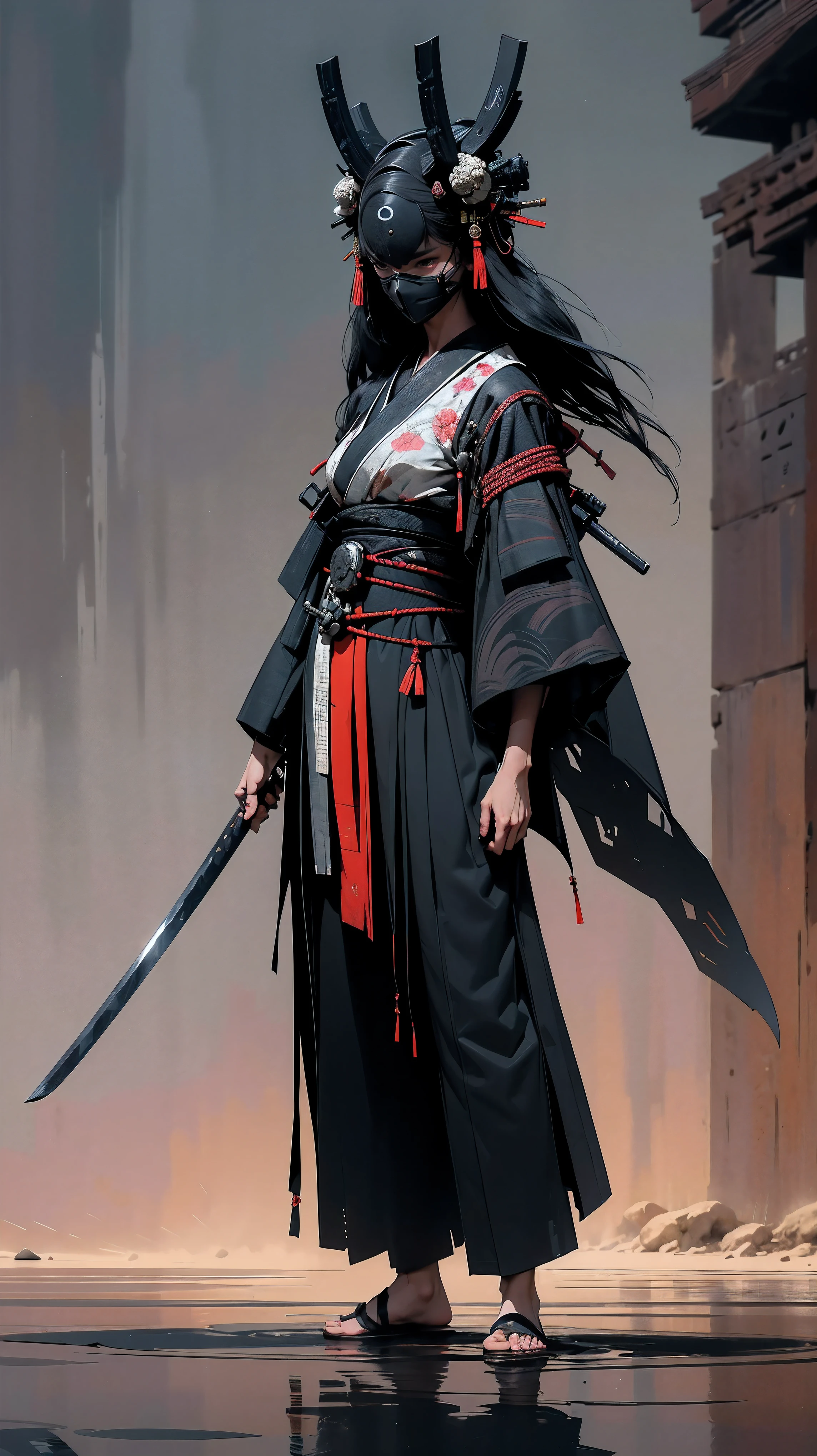 (highres,photorealistic) samurai girl, white skin, face mask, absolutely black kimono, black katana, intricate pattern on black kimono, detailed armor, elegant posture, fierce expression, dark night background, intense atmosphere, samurai code of honor, powerful warrior, stoic and disciplined demeanor, gracefully flowing hair, piercing eyes, determined and focused gaze, subtle shadows and highlights, dynamic katana movement, striking and precise strikes, intense battle scenes, traditional Japanese calligraphy, ornate and intricate details on the katana