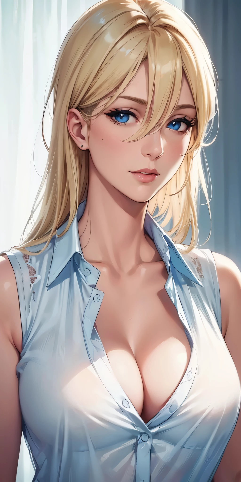 (best quality, highres, realistic), portrait, elegant mature woman, blue eyes,blonde hair, big breast, transparent shirt, see through nipple, ultra detailed cg 8k, beautiful cg, soft light