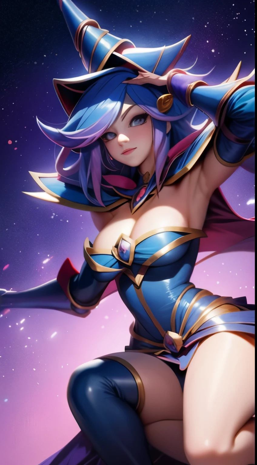 Dark magician gils levitando en los Aires. Cabello rubio y largo. Ojos azules. Labios rojos. Vista desde abajo. Pose sensual y inocente. A look of defiance and a mischievous smile.