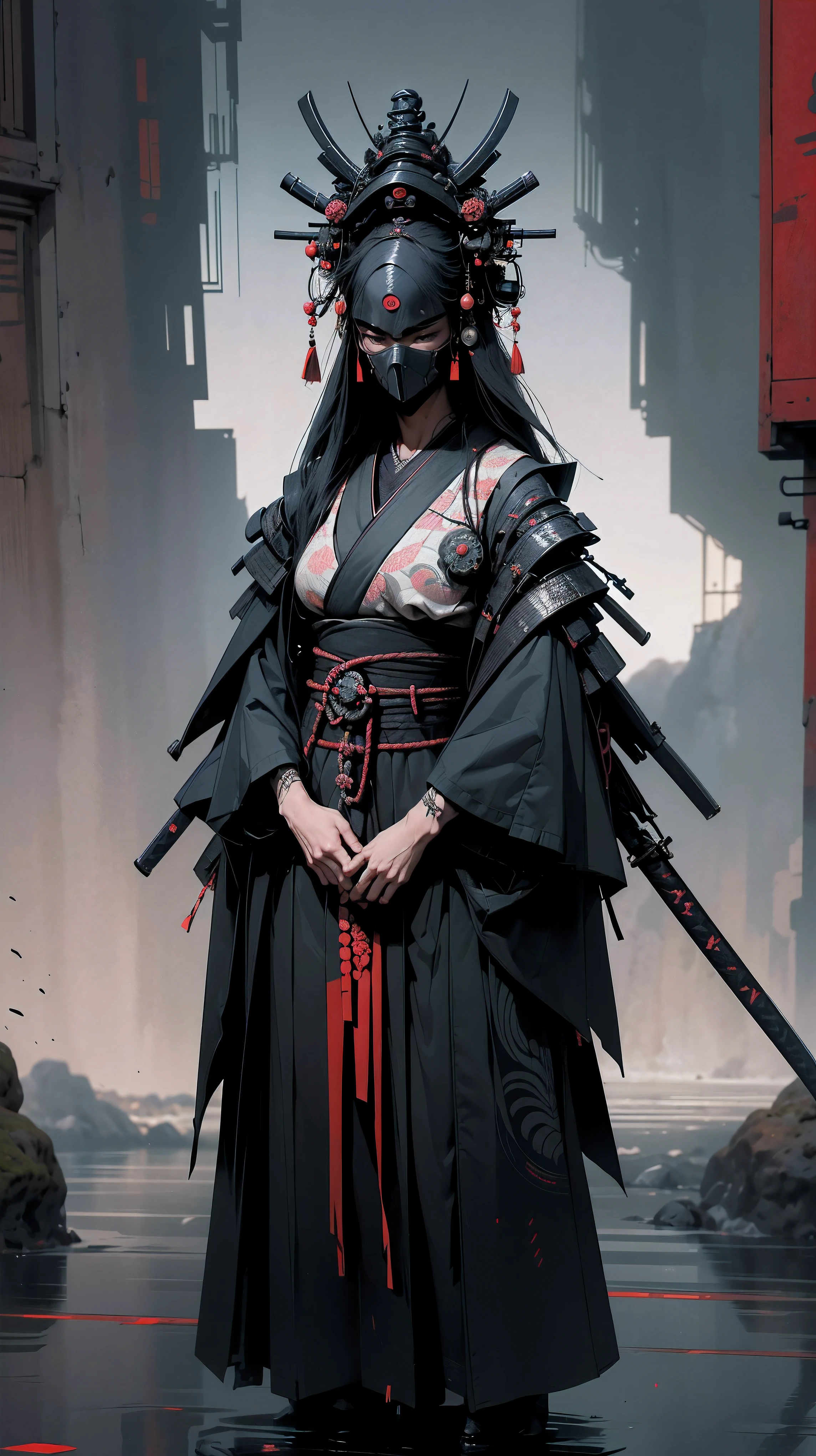(highres,photorealistic) samurai girl, white skin, face mask, absolutely black kimono, black katana, intricate pattern on black kimono, detailed armor, elegant posture, fierce expression, dark night background, intense atmosphere, samurai code of honor, powerful warrior, stoic and disciplined demeanor, gracefully flowing hair, piercing eyes, determined and focused gaze, subtle shadows and highlights, dynamic katana movement, striking and precise strikes, intense battle scenes, traditional Japanese calligraphy, ornate and intricate details on the katana