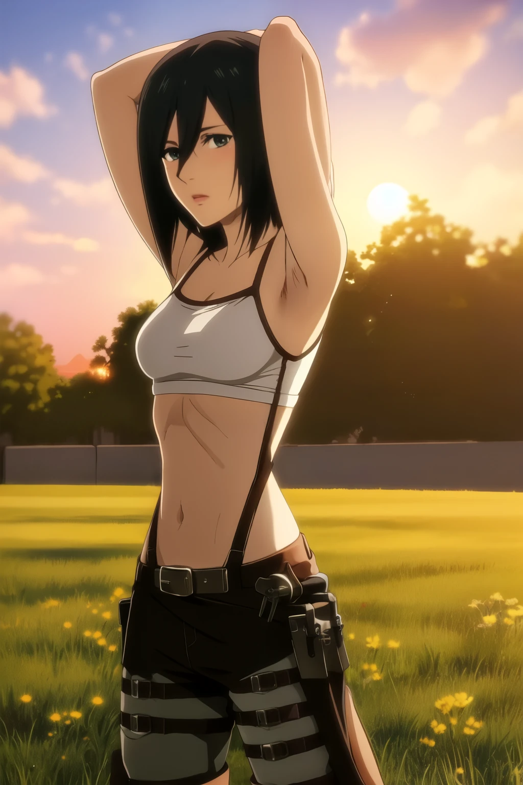 mikasa1 a woman, looking at the viewer, cowboy shot, at the streets, beautiful face, standing on the grassland, sunset , 20 years age, athletic figure, wearing pantie and bra, hands behind the head, armpits, attack on titan style environment, unreal engine 5 style, uhd images, ultra HD, High Resolution, Highres, thick figure, short hair 