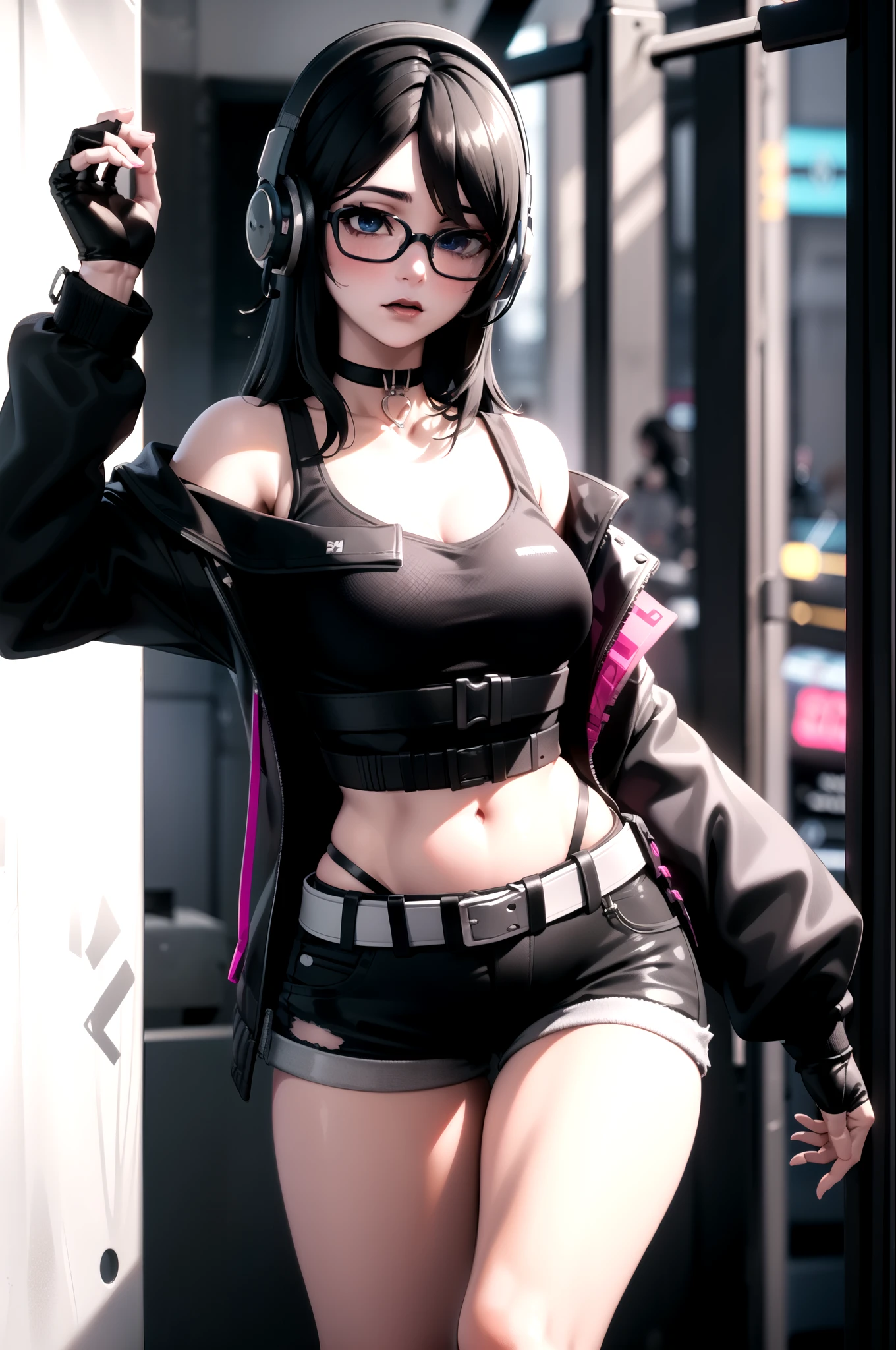 1girl, black hair,, glasses, goth, choker, 3d render, white shirt, off shoulder, cyberpunk, neon lights, opalescent, horror_\(theme\), headphones, belts on crop top, rolled uo top exposing large breasts, shorts pulled down exposing pussy, small bit of oubic hair, blushing, horny