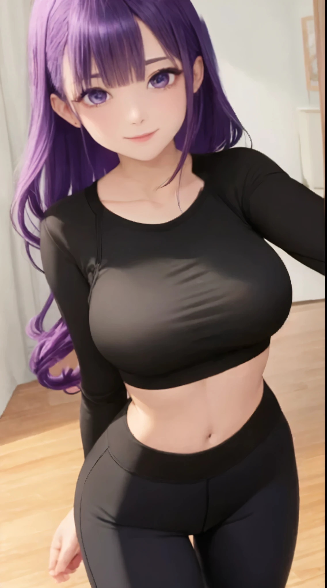 big eyes, small breasts, beautiful, (masterpiece:1.2), (best quality:1.2), (perfect eyes:1.1), (perfect face:1.1), smiling, perfect lighting, yoga pants, sports bra, purple hair, hairclip, arms behind back, mature female, large breasts, slight light smile,