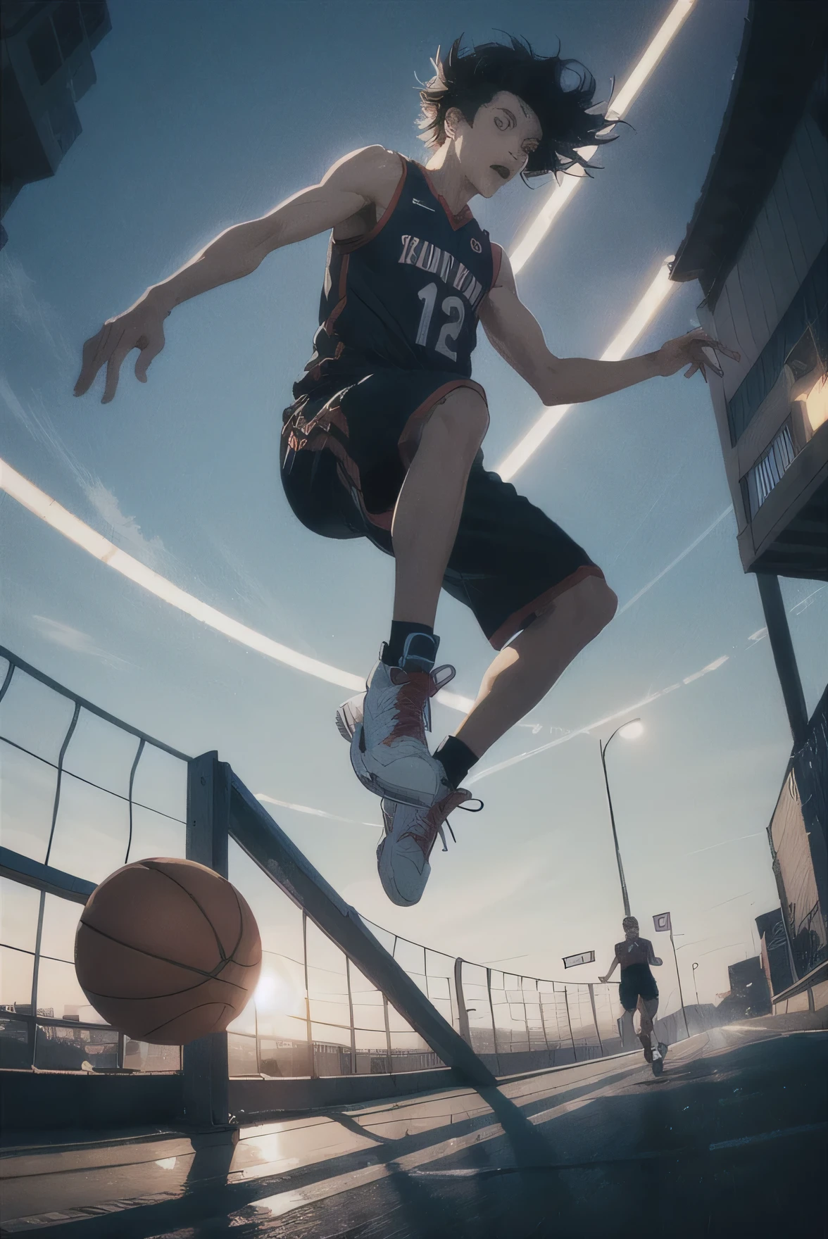 a high quality professional photo of a cool [Asian boy] performing a [jump shot basketball], striking an [epic pose], cinematic, action-packed, dynamic lighting, intense shadow play, urban setting, street basketball court, high contrast, dramatic angles, urban fashion, stylish sneakers, vibrant colors, energetic atmosphere, determination in his eyes, motion blur, capturing the peak moment of the jump shot, cinematic effects, storytelling composition, visually engaging, impressive athleticism, unique perspective, cool and confident demeanor, capturing the essence of sportsmanship, 8k resolution.