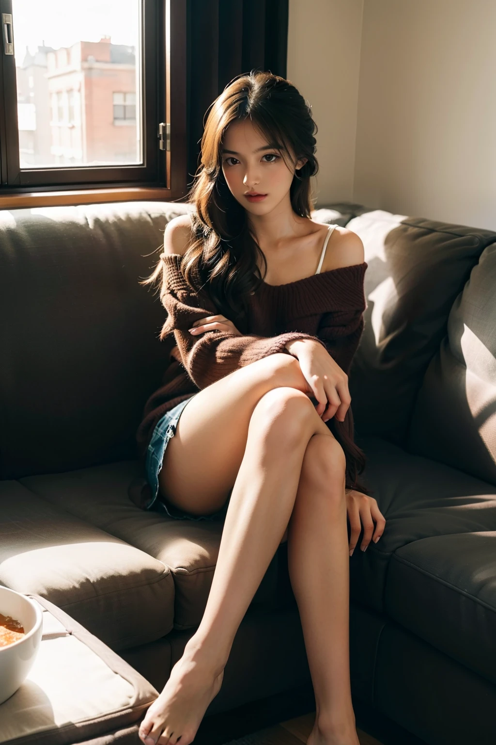 1girl,sitting on a cozy couch,crossing legs,soft light