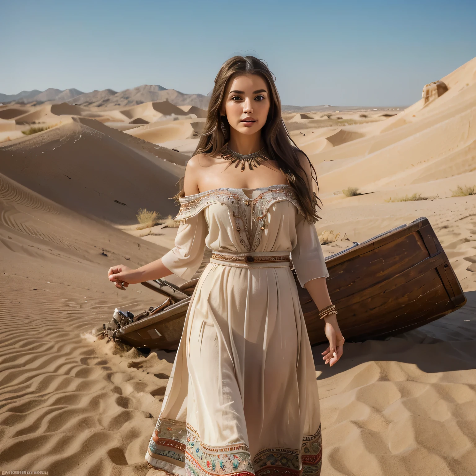 Albanian, girl, long brown hair, blue eyes, (best quality,4k,8k,highres,masterpiece:1.2),ultra-detailed,(realistic,photorealistic,photo-realistic:1.37),albanian girl in albanian dresses,ornate and vibrant patterns,expressive eyes and captivating smile,traditional headscarf and jewelry,flowing and intricate designs on the dresses and hijabs,delicate embroidery and beading,graceful posture and confident demeanor,dreamy desert landscape as the background,sunlight casting a warm glow on the scene,artsy and colorful depiction,portraits,rich and earthy color palette,lens flare effects,gorgeous sand dunes in the distance,intertwined culture and tradition,contemporary and traditional fusion,modern take on arab fashion,celebration of diversity and beauty,refined and elegant style,attention to cultural details