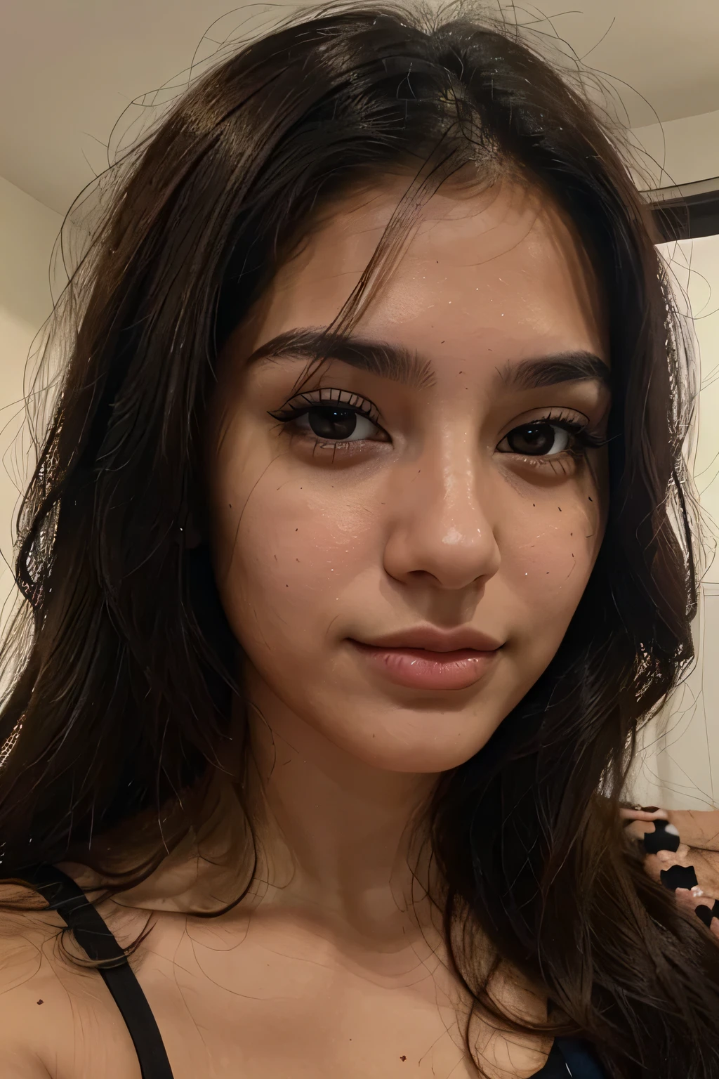 iPhone camera quality picture, 22 year old latina woman, dark hair, (dark brown eyes), very attractive facial features, ( realistic,