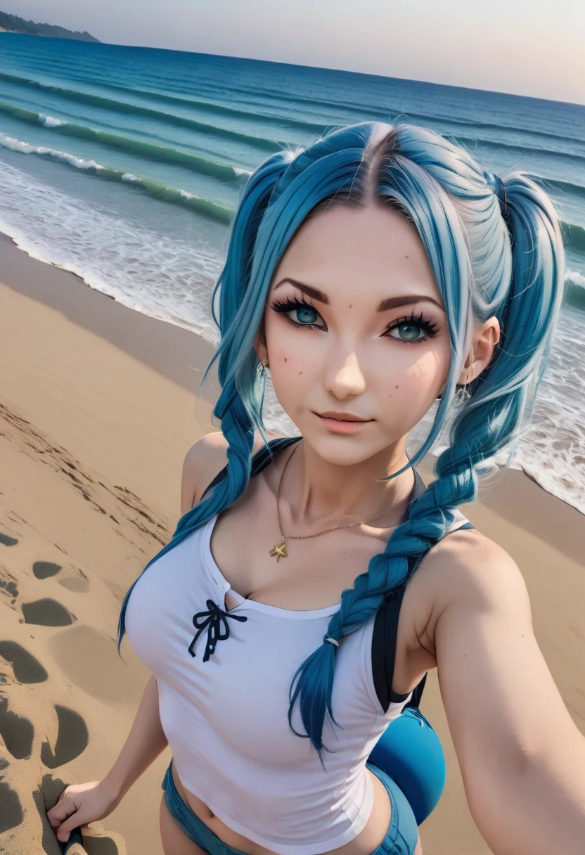 Aisha hanabi, blue hair, ultra wide angle, selfie, beach, magical