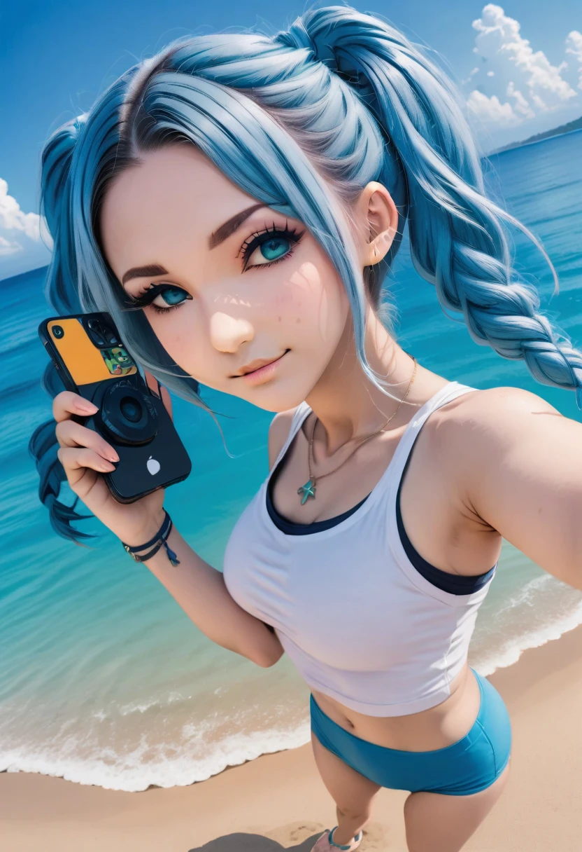 Aisha hanabi, blue hair, ultra wide angle, selfie, beach, magical