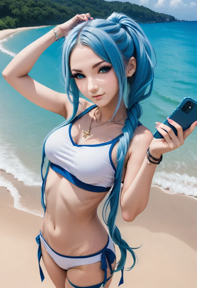 Aisha hanabi, blue hair, ultra wide angle, selfie, beach, magical