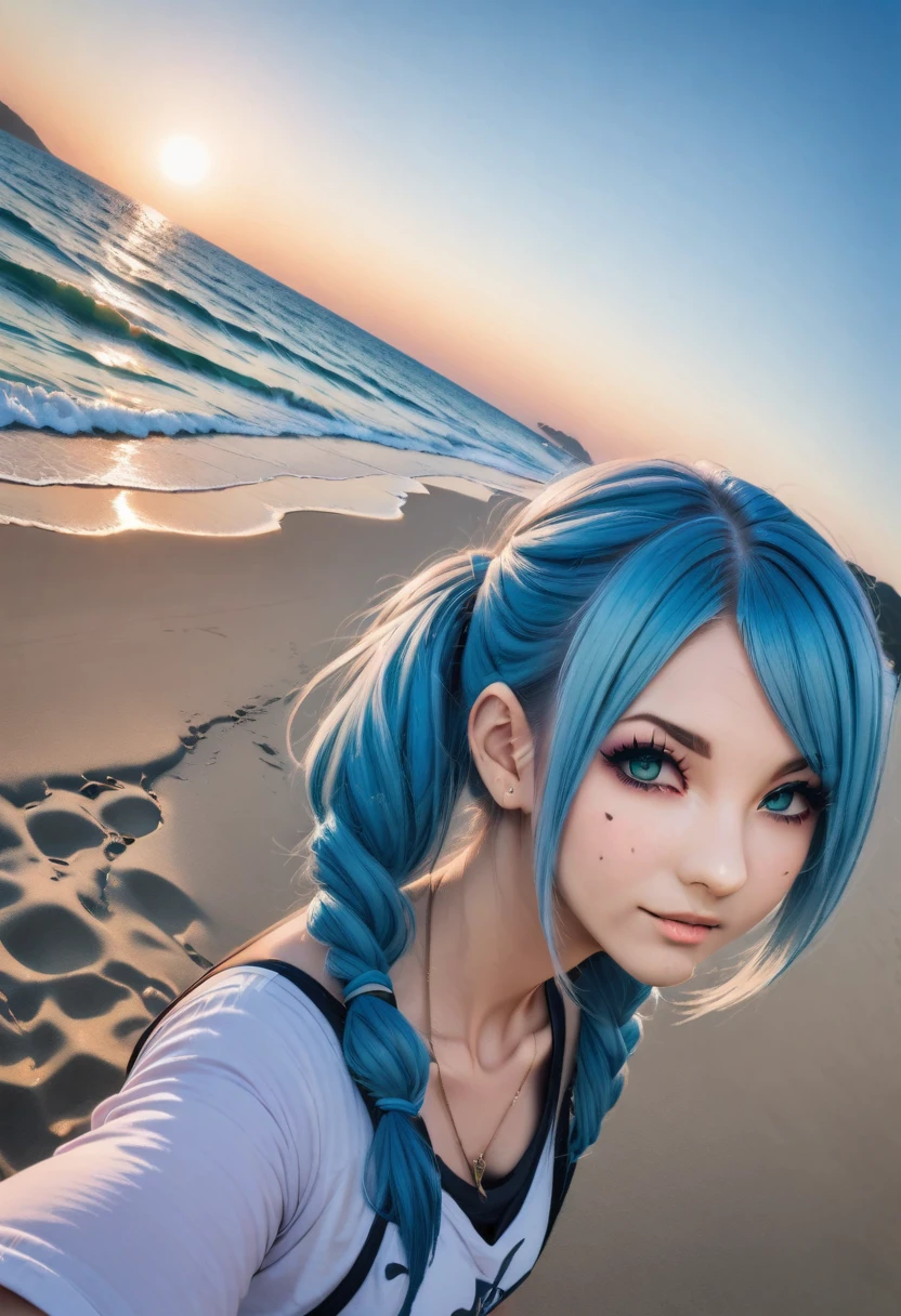 Aisha hanabi, blue hair, ultra wide angle, selfie, beach, magical