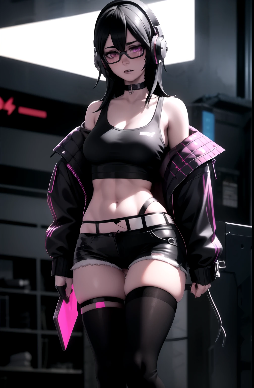 1girl, black hair,, glasses, goth, choker, 3d render, white shirt, off shoulder, cyberpunk, neon lights, opalescent, horror_\(theme\), headphones, belts on crop top, rolled uo top exposing large breasts, shorts pulled down exposing pussy, small bit of oubic hair, blushing, horny