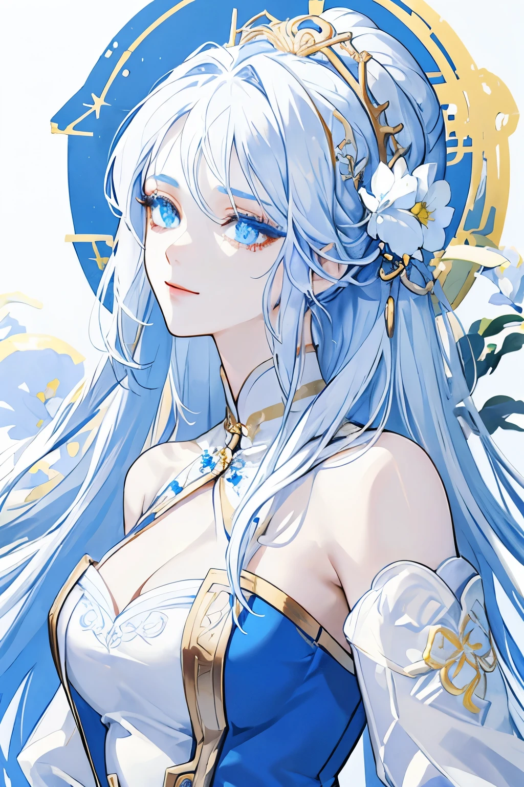 ((masterpiece: 1.2, best quality)), 1 female, long white hair, blue eyes (Gorgeous: 1.4), White Chinese style dress,blue shawl, Gold embroidery,Gold exquisite hair accessories,fantasy, elegant, royalties, Fantastic light and shadow, extremely detailed face, Gentle smile,white flowers,starry sky,close up,big breasts,thin and tall