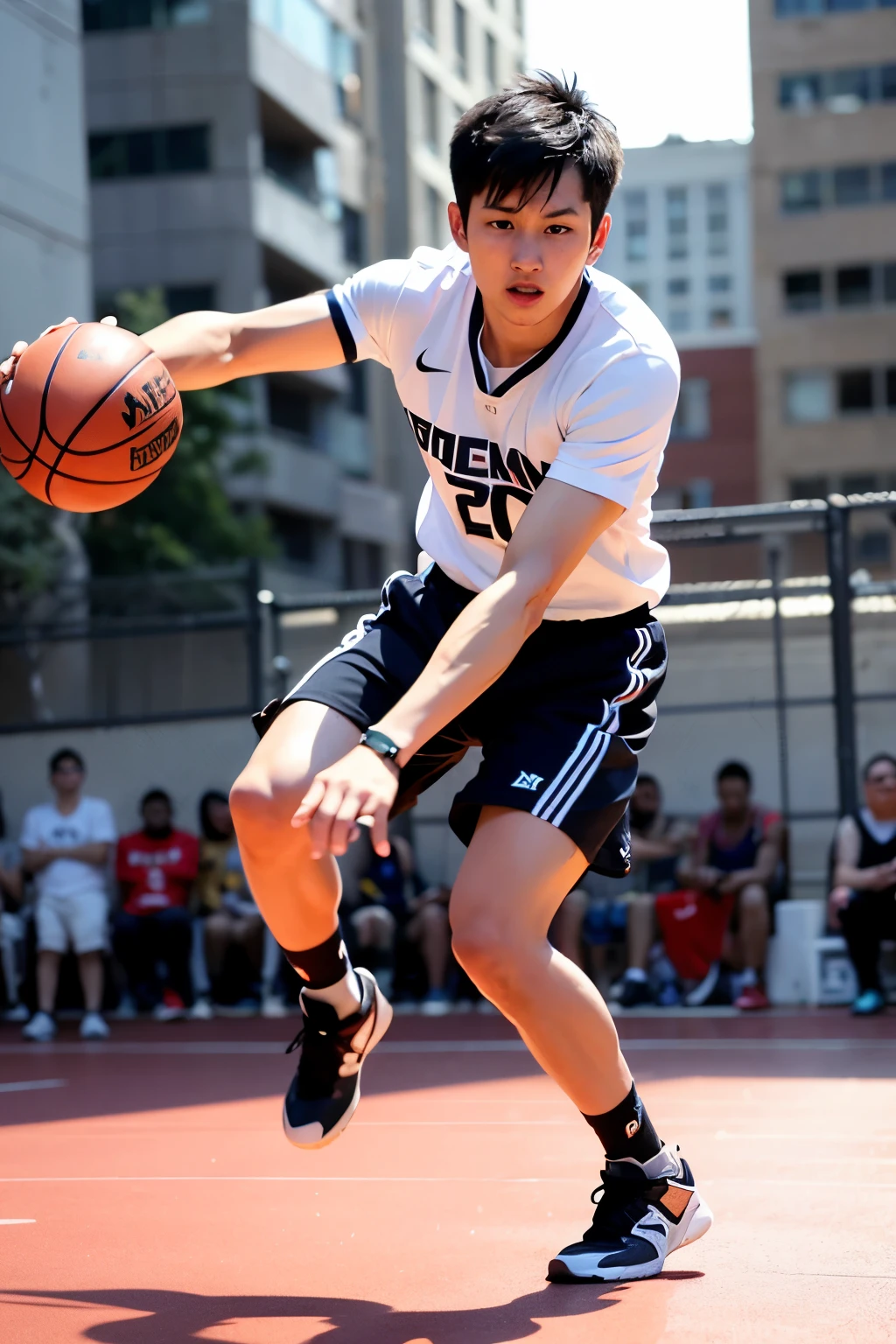 a high quality professional photo of a cool [Asian boy] performing a [jump shot basketball], striking an [epic pose], cinematic, action-packed, dynamic lighting, intense shadow play, urban setting, street basketball court, high contrast, dramatic angles, urban fashion, stylish sneakers, vibrant colors, energetic atmosphere, determination in his eyes, motion blur, capturing the peak moment of the jump shot, cinematic effects, storytelling composition, visually engaging, impressive athleticism, unique perspective, cool and confident demeanor, capturing the essence of sportsmanship, 8k resolution.