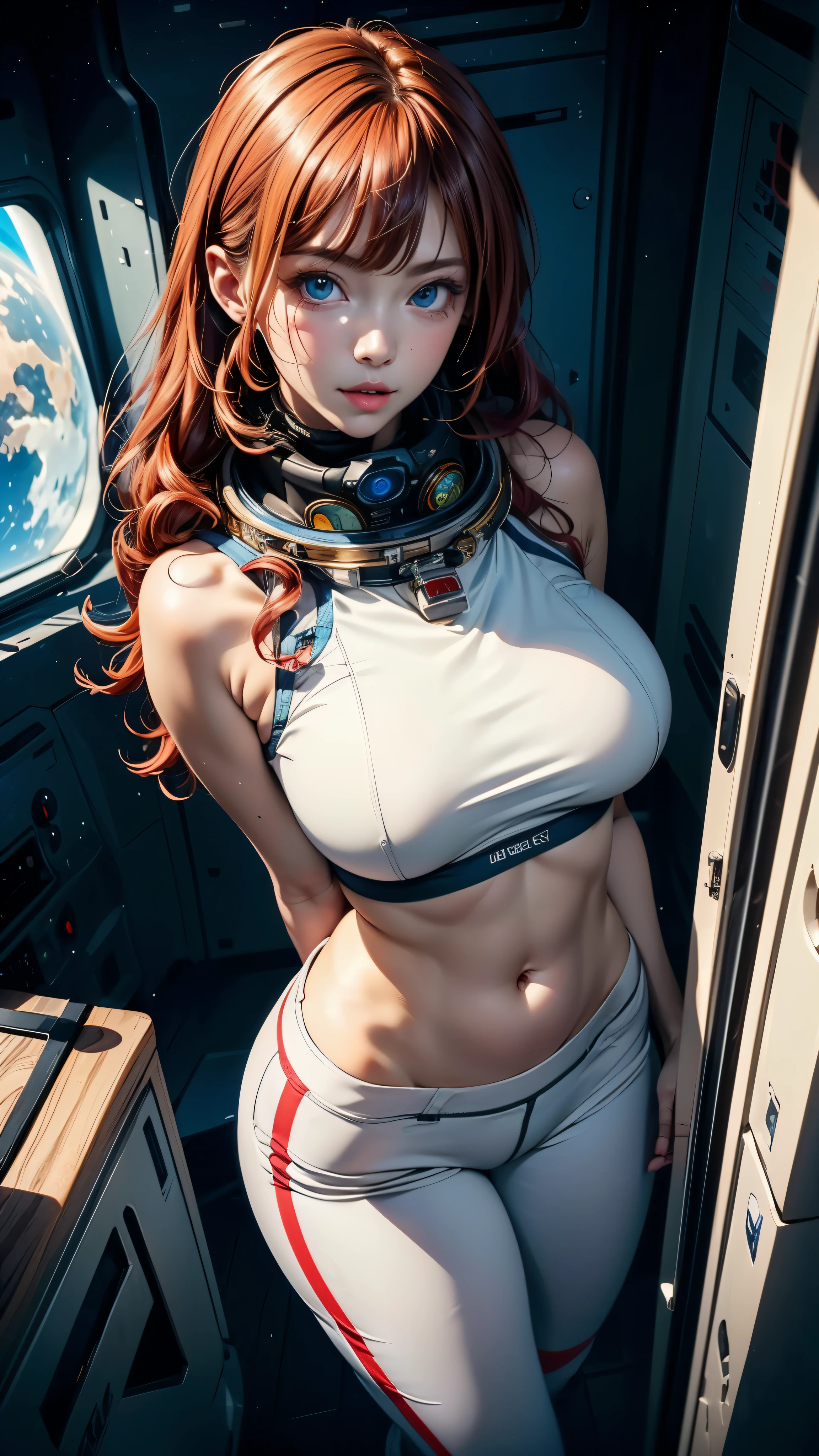 (((high angle shot, full frontal shot)))(best quality, 4k,8k,highres,masterpiece:1.2), ultra-detailed,realistic:1.3, pretty anime woman,perfect anime eyes,((35 years old woman)),seductive gaze((blue eyes)), she is ((a russian cosmonaut)) inside a room in a spaceship orbiting the moon, wearing(((tech_astronaut_pants))) and a sports bra, ((white pearl skin)), long red curly hair to the shoulders, luscious lips, anime style, (natural breasts:1.3)
