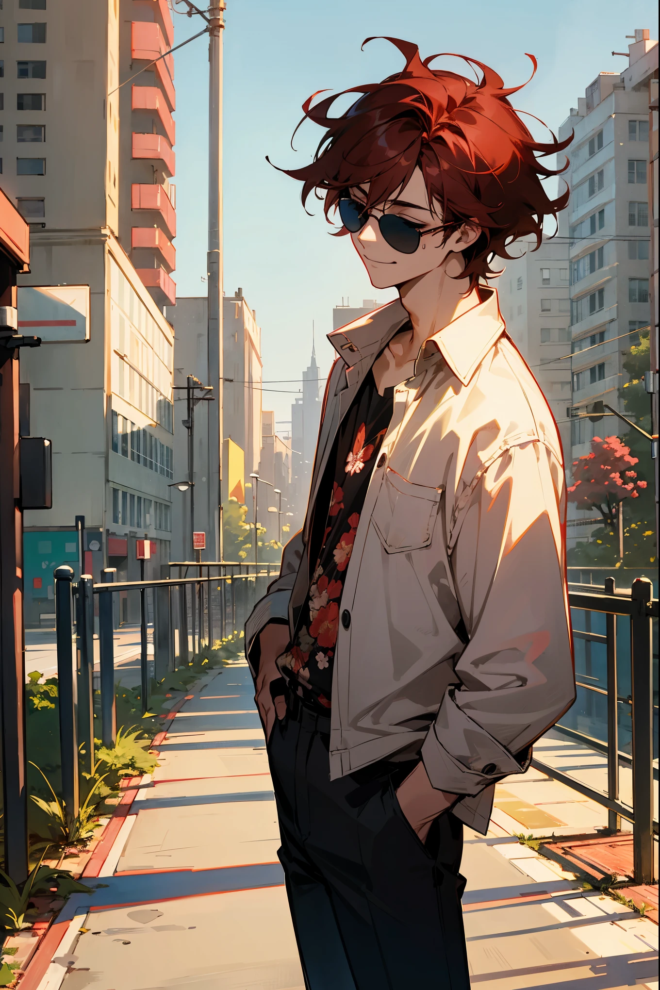 1male, dark red hair, messy hair, closing eyes, smiling, aviators, tinted glasses, modern clothing, button up shirt, floral design, city background, detailed background, hands in pockets, standing on path