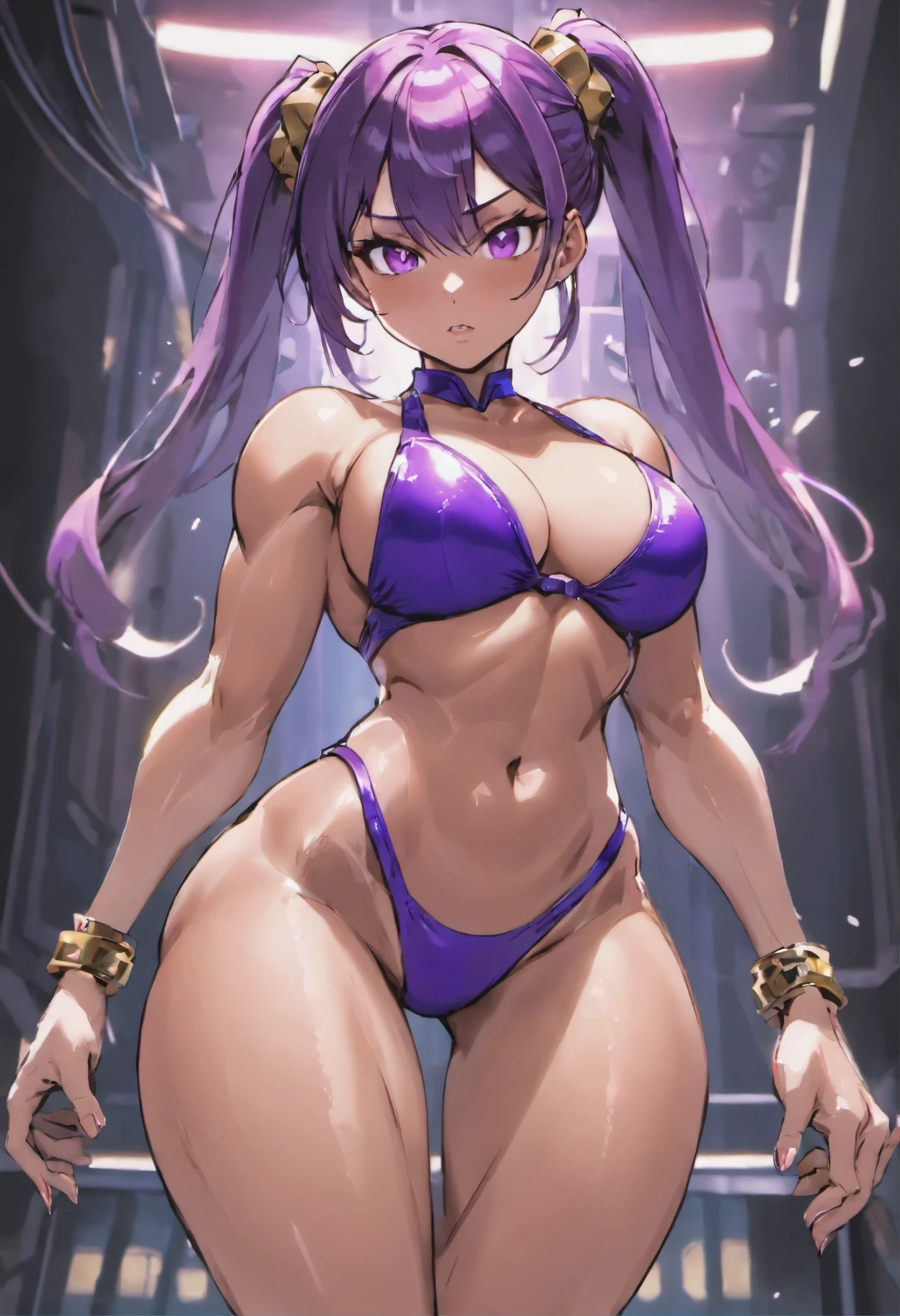 (masterpiece, best quality, high quality:1.4), highres, (ultra-detailed, highly detailed:1.2), full body, 4k, a woman in a bikini and purple underwear posing for a picture, muscular girl, extremely detailed artgerm, bodybuilder build, superhero bikini, [ 4 k digital art ]!!, biomechanical oppai, rossdraws 2. 5, cutesexyrobutts, oppai cyberpunk, muscular ultraviolent woman, chun li at the gym, muscular!! sci-fi