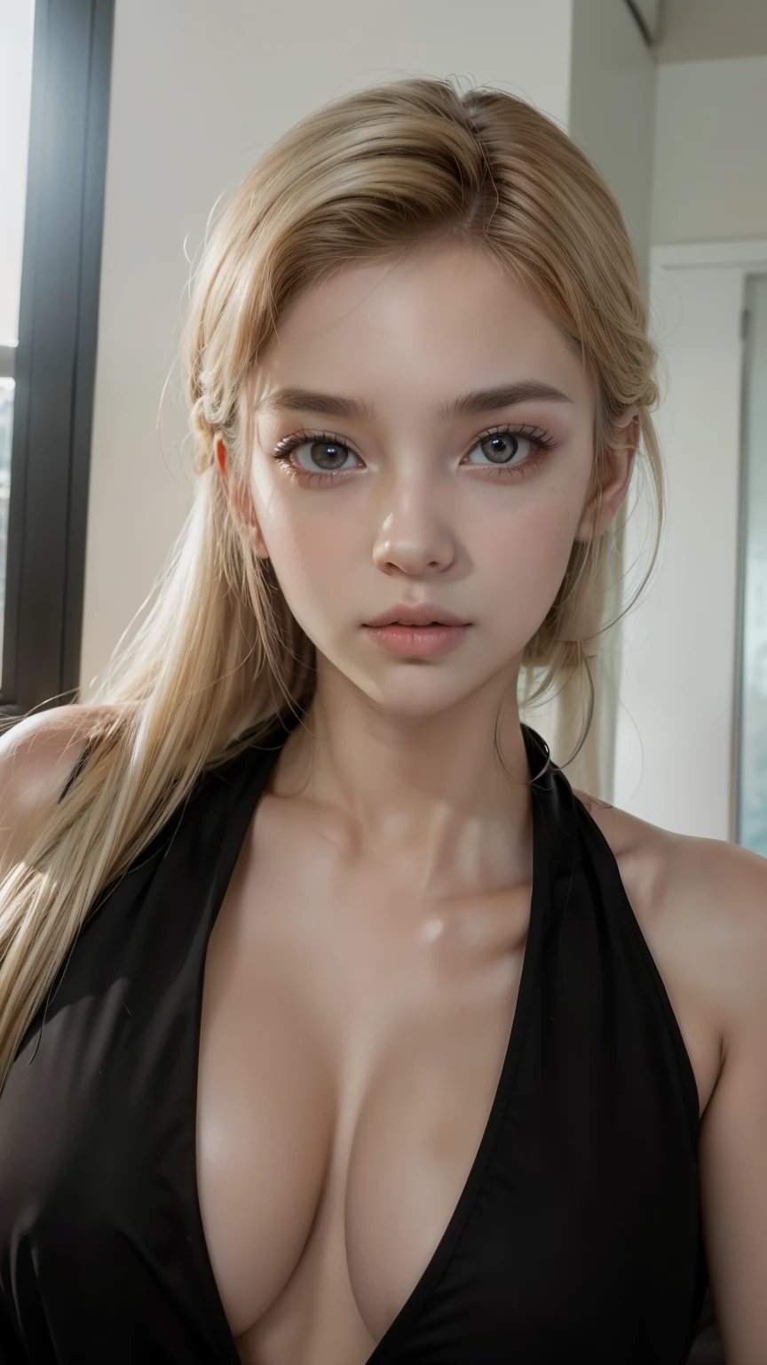 un primer plano de una mujer con un pecho muy grande, angelablanca, rubio goddess, cara como ester exposito, yelena belova, a gorgeous rubio, long rubio hair and large eyes, Angelina Stroganova, anastasia ovchinnikova, rubio, rubio hair and large eyes, retrato de kim petras, 18 years