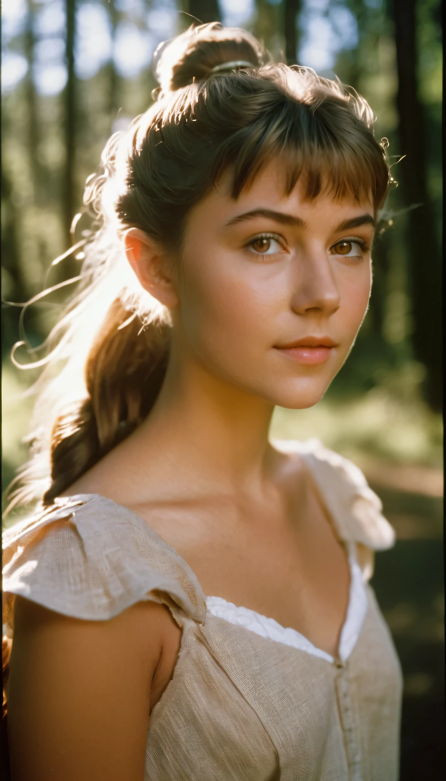 analog film photo, photo of a young girl, 18 years-old, (linen dress:1.1), elf, elf ears, long pointy ear tips, brown eyes, messy ponytail, light-brown sun-tanned skin, pretty, natural beauty, resembles a young Mary Elizabeth Winstead, humid day, elven forest, sweaty glistening off of skin, RAW Photograph, dslr, soft lighting, high quality, film grain, Fujifilm XT3, detailed skin with visible pores, insane details, masterpiece, 8k, 35mm photograph, dslr, kodachrome, faded film, desaturated, 35mm photo, grainy, vintage, Kodachrome, Lomography, stained, highly detailed, found footage, full-body, elven ears