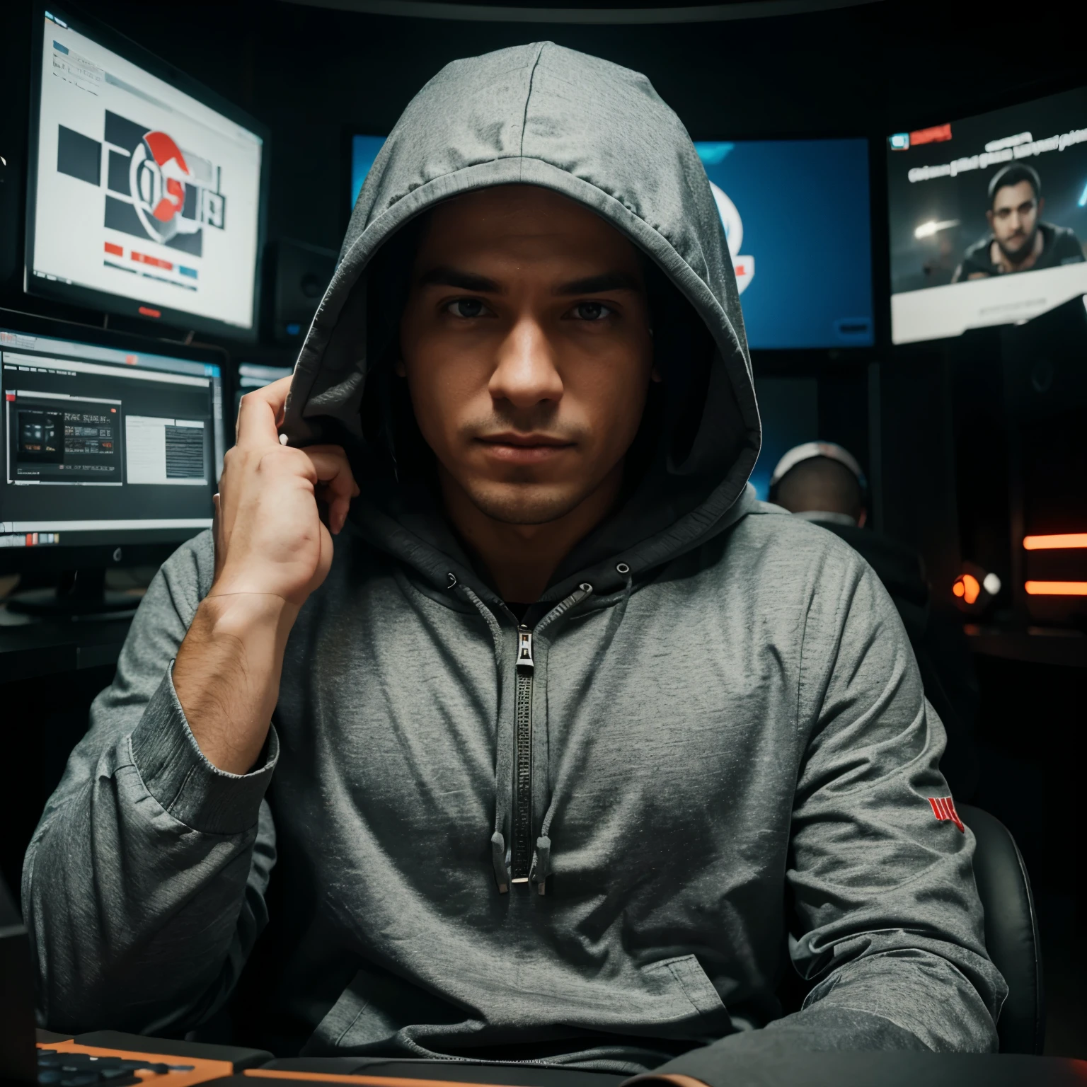 Create a hooded online business guy in front of the gamer setamp