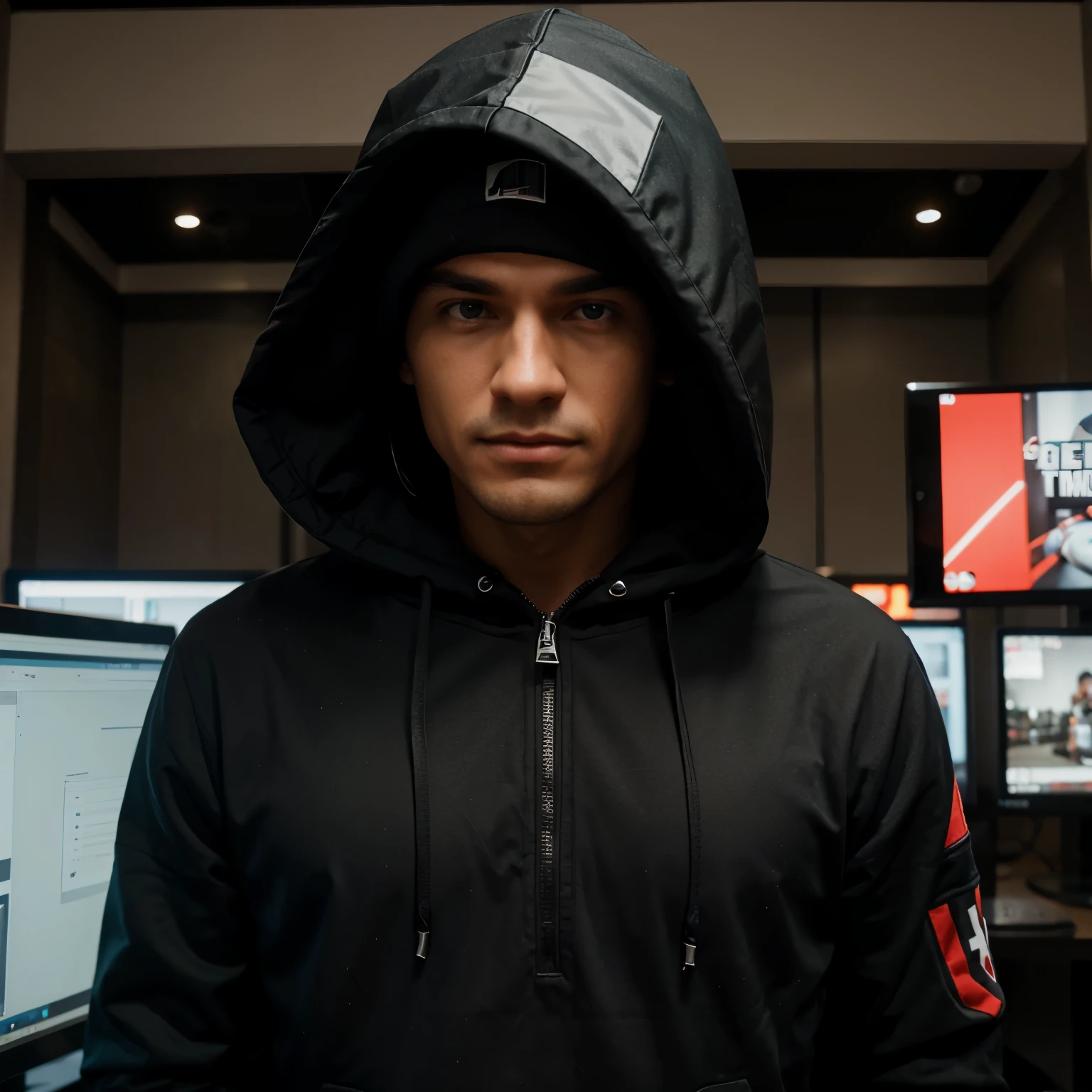 Create a hooded online business guy in front of the gamer setamp