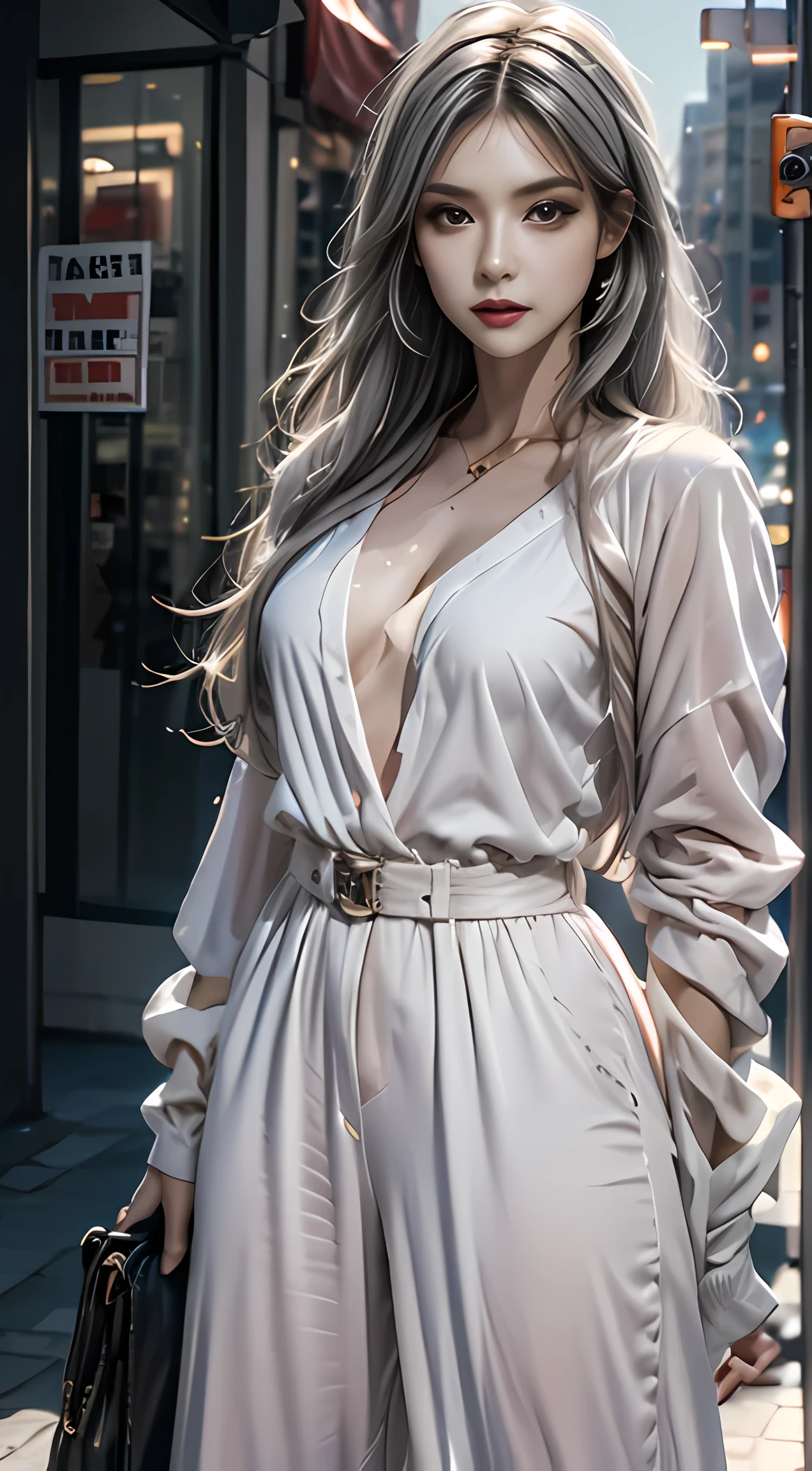 masterpiece, the best, night, full moon, 1 female, mature woman, Openwork lace jumpsuit，elder sister, Royal sister, cold face, poker face, woman with silver hair, light pink lips, calm, intellectuals, Three bangs, gray pupils, assassin, swordsman, struggle, street view, facial details,