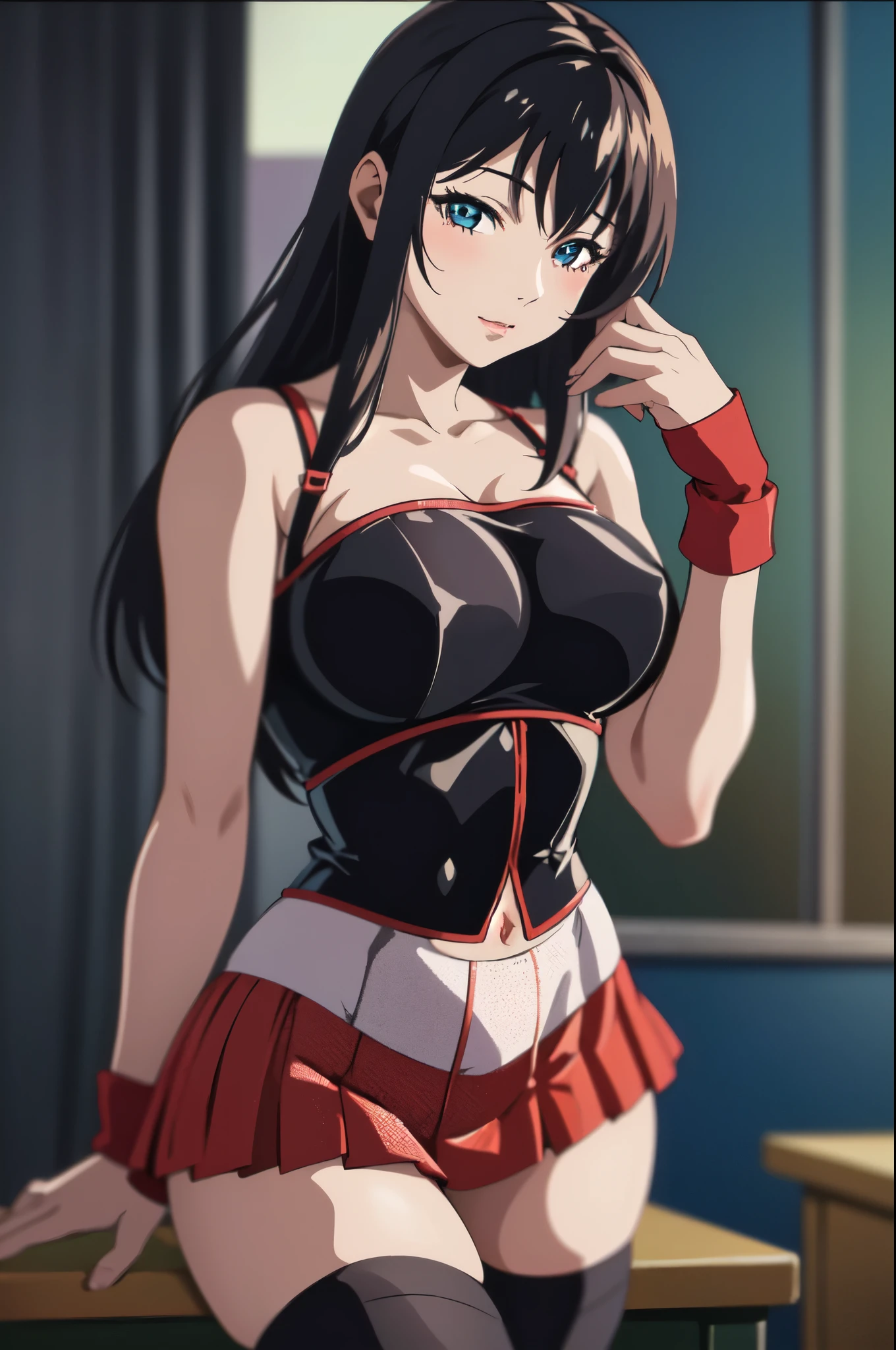 masterpiece, best quality, highres, 1girl kaori saeki, but with exposed breasts, skin tight red skirt, black thigh high stockings, classroom, cowboy shot, horny, looking at viewer, focus solo